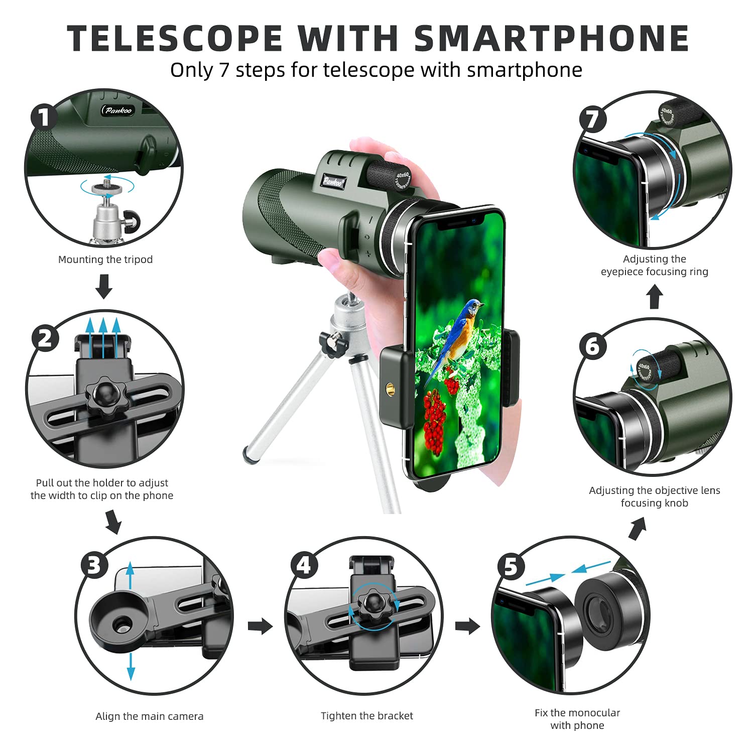 Pankoo 40X60 Monocular High Power Monocular Scope For Bird Watching Traveling Concert Sports Game With Phone Adapter Tripod