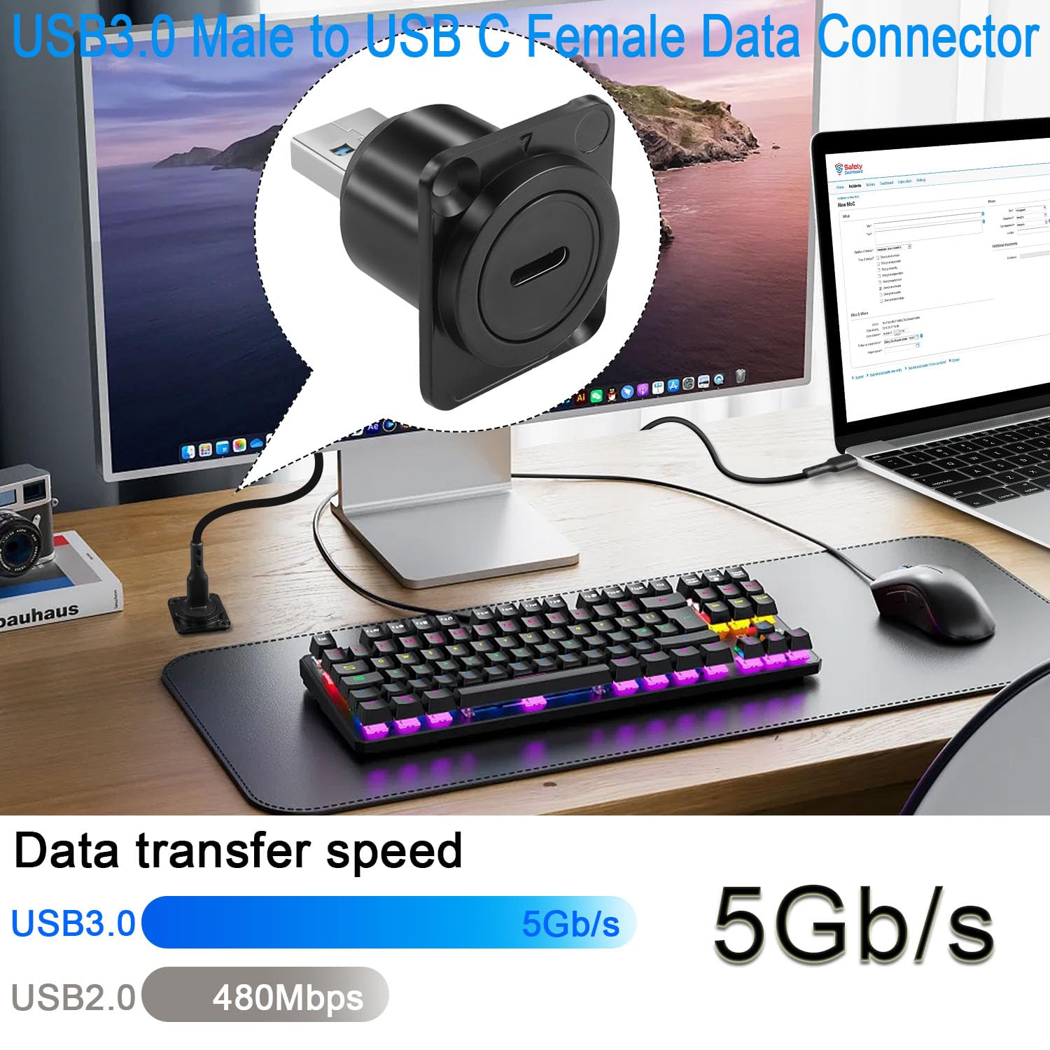 Qianrenon Usb 3.0 To Usb C Panel Mount Adapter Converter 5Gbps Usb3.0 Male To Usb C Female Data Connector Usb3.0 To Type C Mount