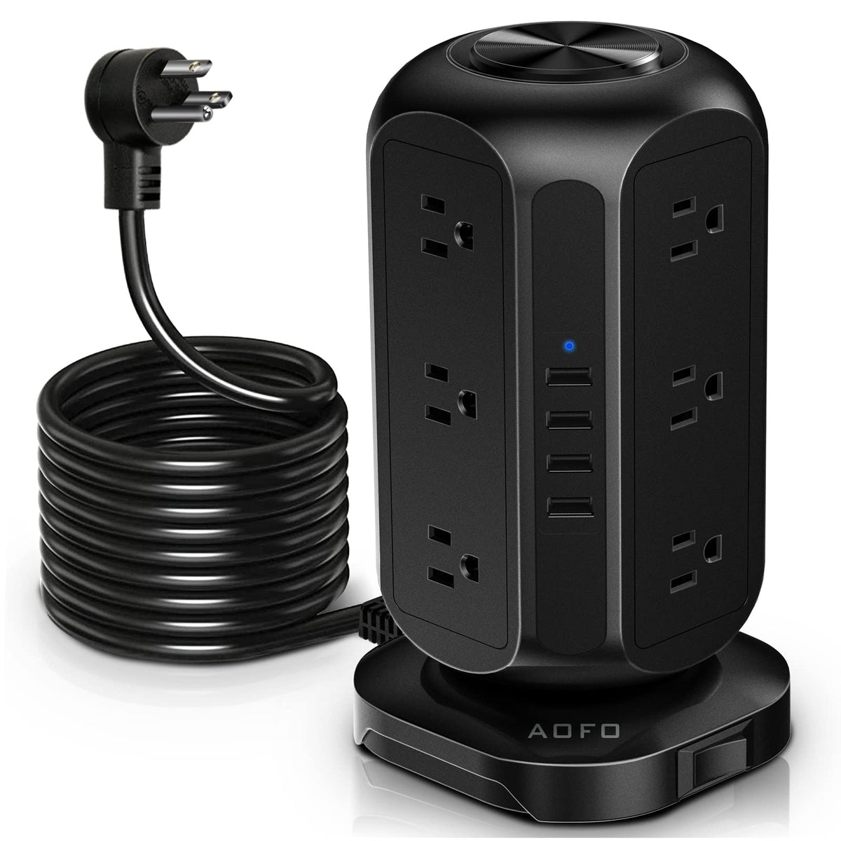 Aofo Long Extension Cord 15 Ft Power Strip Tower, Surge Protector 12 Ac Outlets 4 Usb Ports, Charging Tower Overload Protection