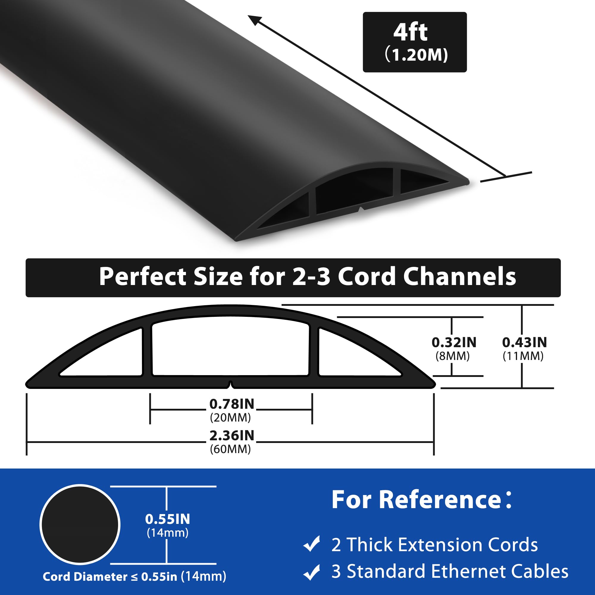 Lzeoy 4Ft Cord Hider Floor, Heavy Duty Cord Covers For Wires On Floor, Black Floor Cable Management, Hide Cord Cover Floor, Elec