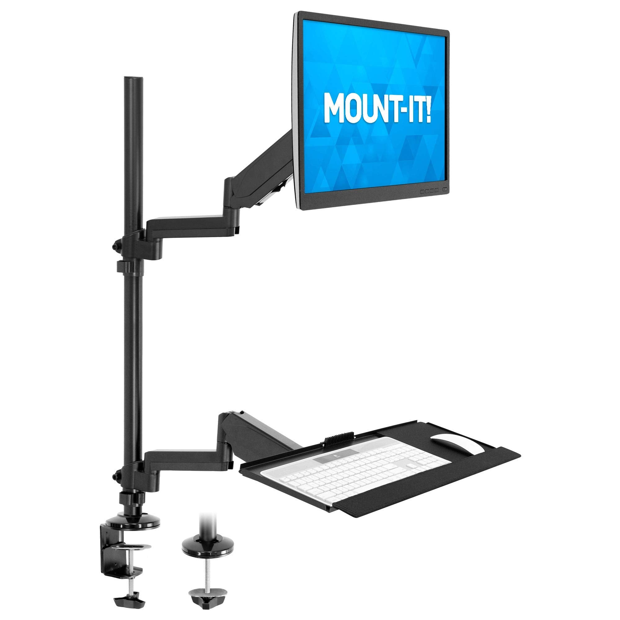 MOUNT IT! Sit Stand Monitor Desk Mount [Fits 32' Screens] Height Adjustable, Full Motion Articulating Arm with Keyboard Tray and Cable Management (Black)