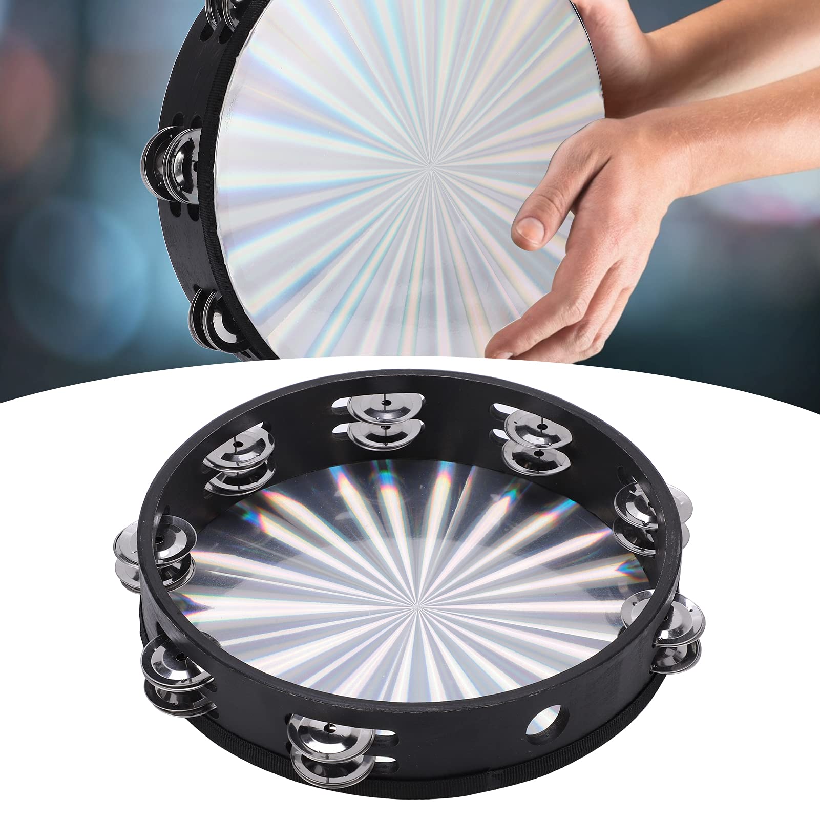 Ubersweet Reflective Steel Hand Held Drum, Tambourine Gift Radiant Stainless Steel 10in for Party for ||