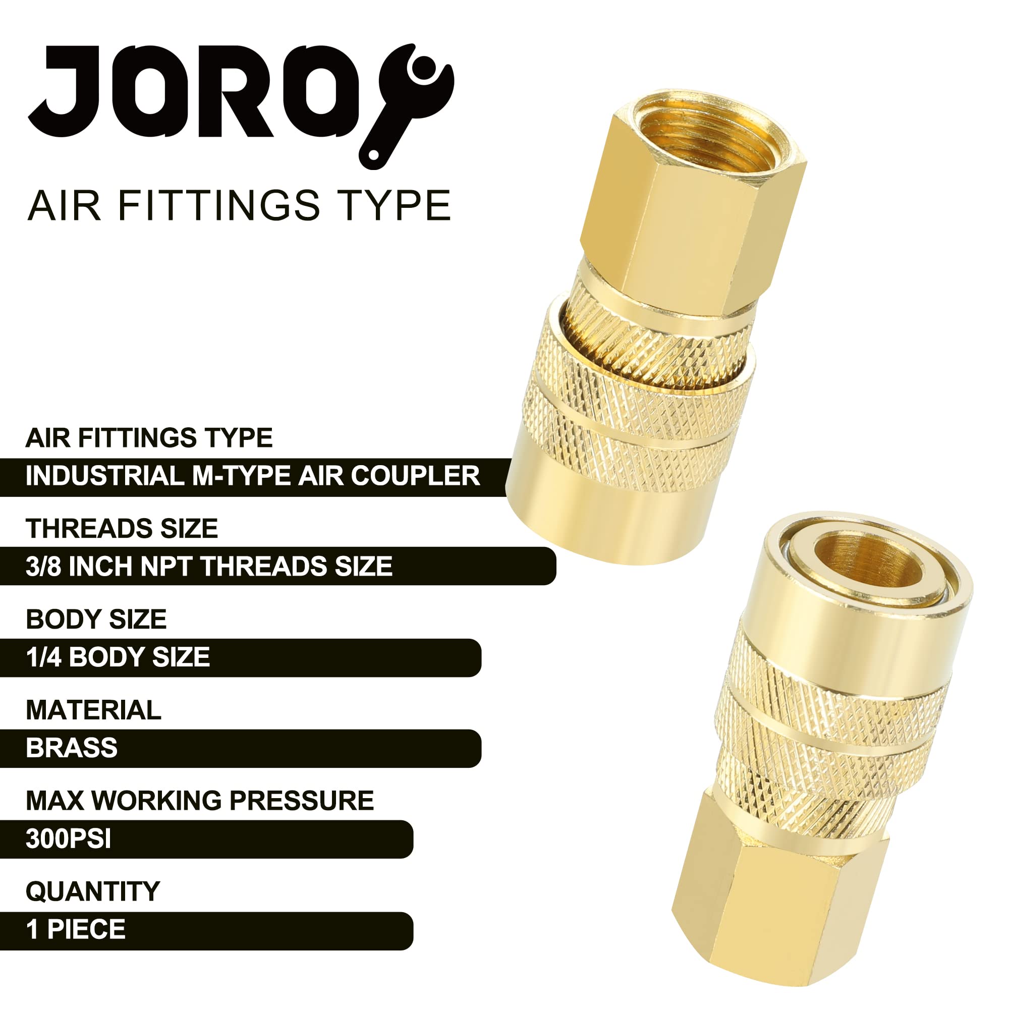 Joroy Brass Air Coupler, 1/4 Inch Body Size, 3/8 Inch Npt Female Threads Size, Industrial M Type, 1 Piece Air Compressor Hose Fi