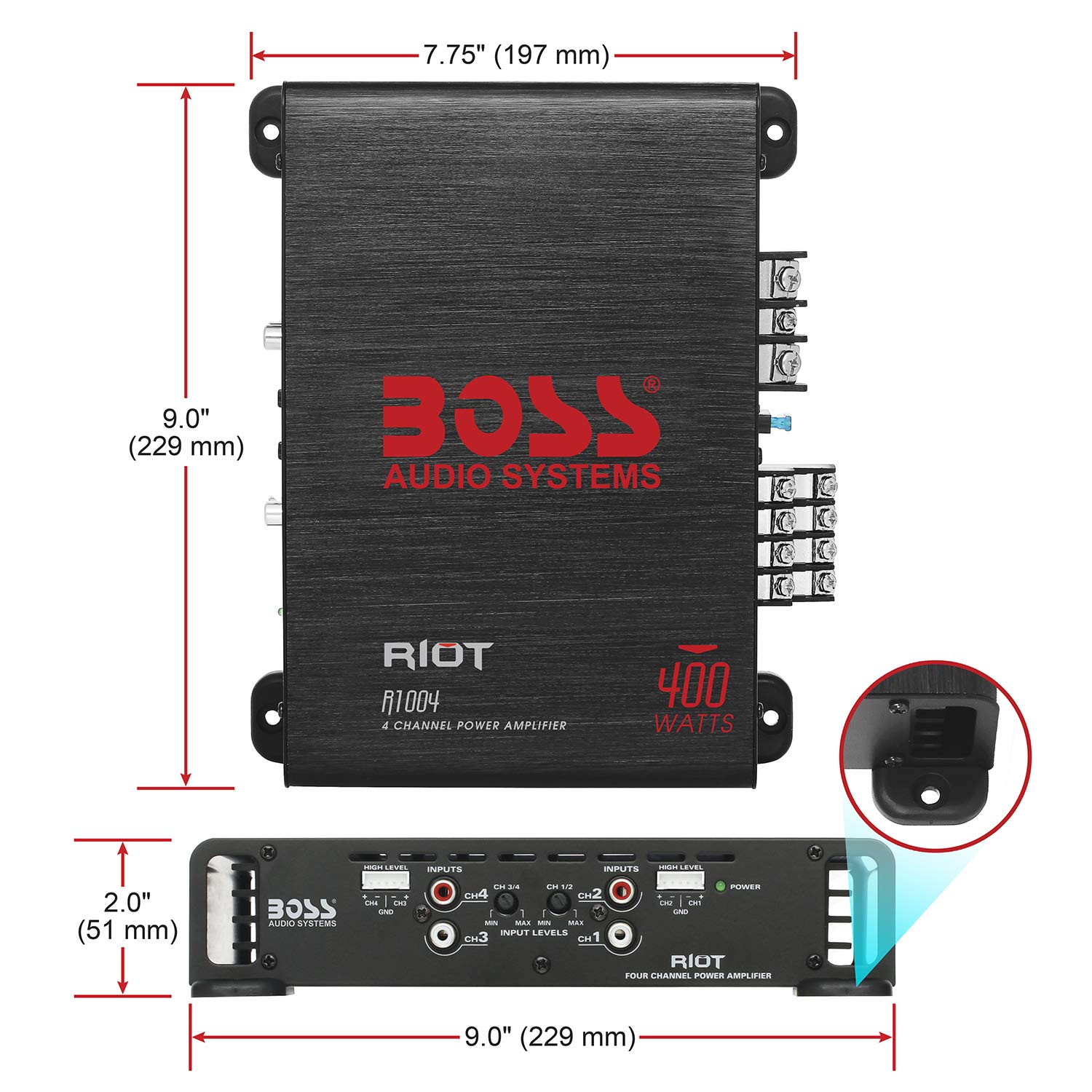 Boss Audio Systems R1004 Riot Series 4 Channel Amplifier Car Audio   Class A/B, 400 High Output, 2 8 Ohm Stable, High/Low Level