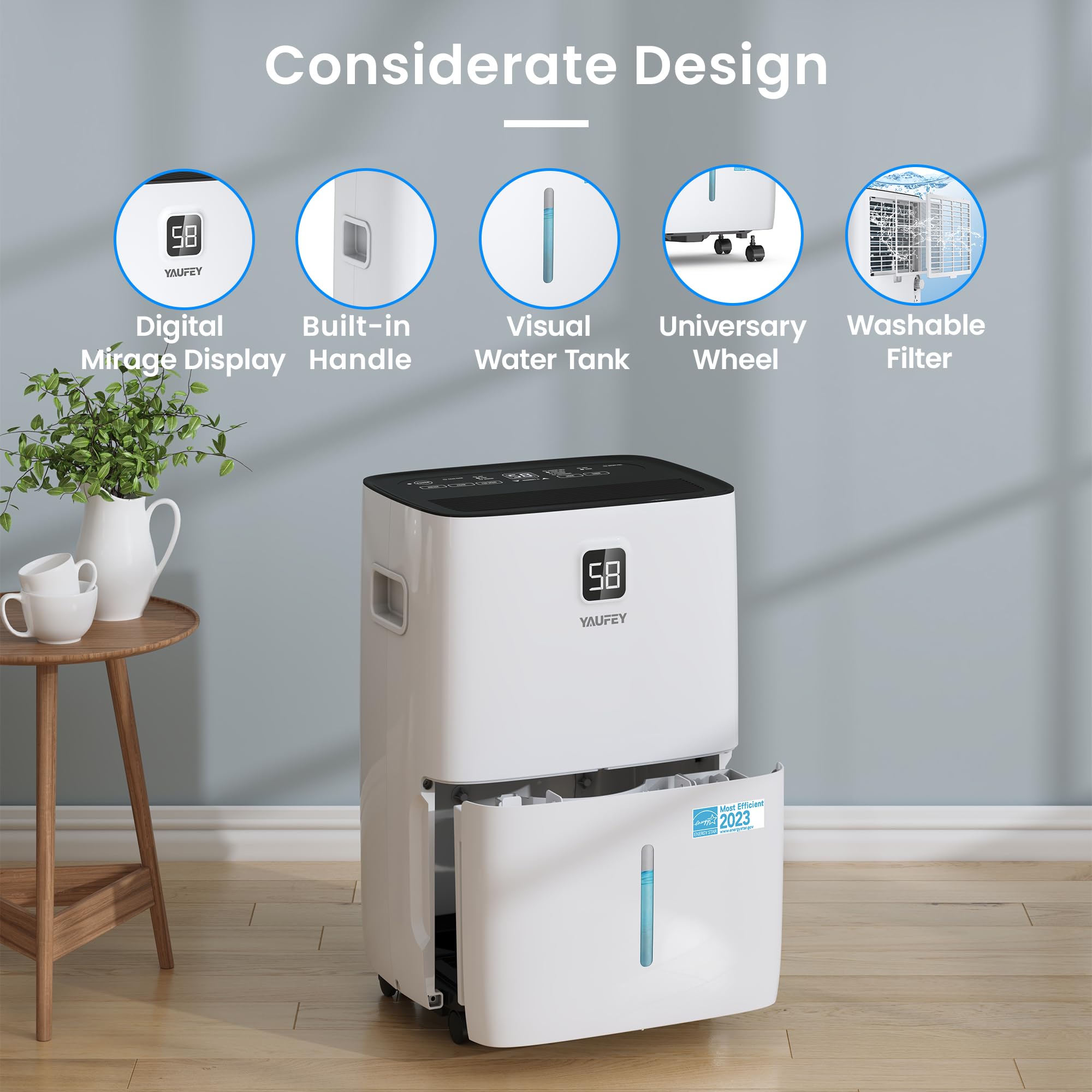 Yaufey 80 Pints Energy Star Dehumidifier For Home, Basement And Large Room Up To 5000 Sq. Ft., With Drain Hose, Timer, Intellige