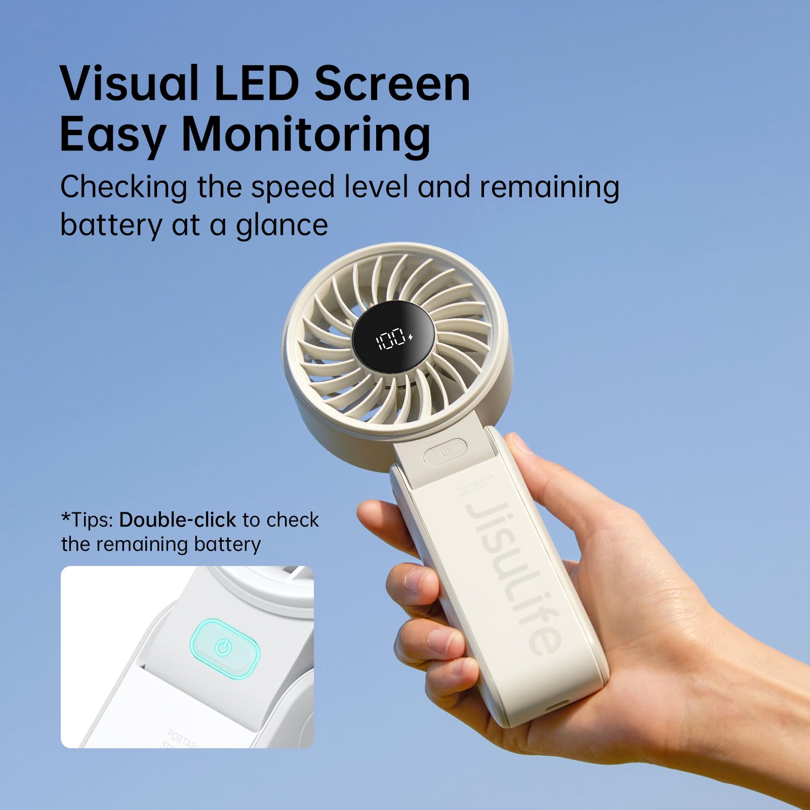 Jisulife Handheld Fan Life7,2024 Powerful Portable Fan With Led Display,3600Mah,150Folded,5 Speeds,Lanyard[13Hrs Max Cooling]3 I