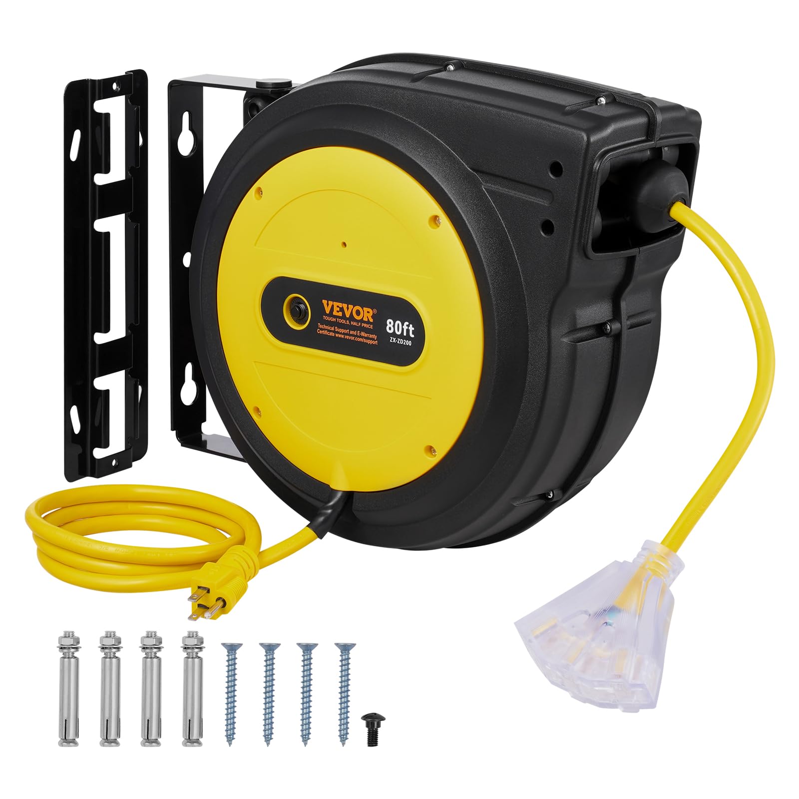 Vevor 80Ft Retractable Extension Cord Reel, 12Awg/3C Sjtow Heavy Duty Power Cord W/Lighted Electrical Triple Tap Outlets, 15A Ci