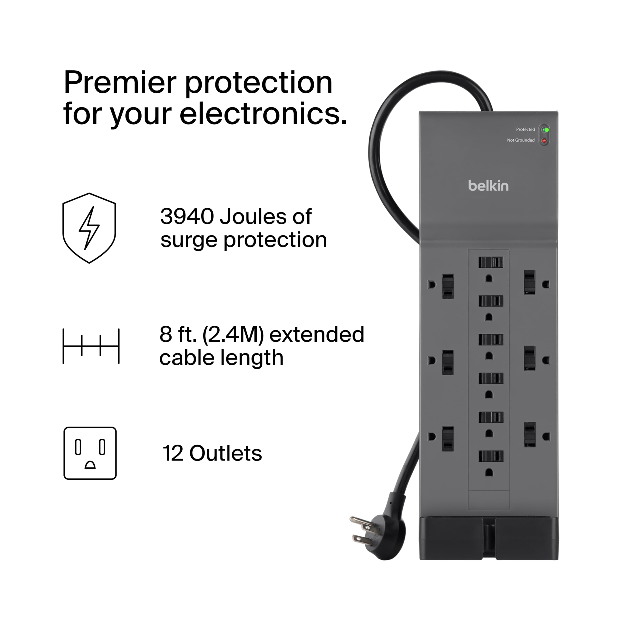 Belkin 12 Outlet Home And Office Series Surge Protector, 8Ft Cord, Gray