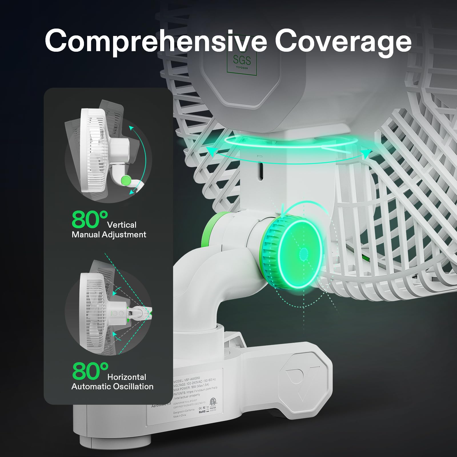 Vivosun Aerowave E9 Grow Tent Fan 9'', Ec Motor, Wifi Controllable, Us Patented Auto Oscillating Clip Fan, Ip54 Weatherproof, St