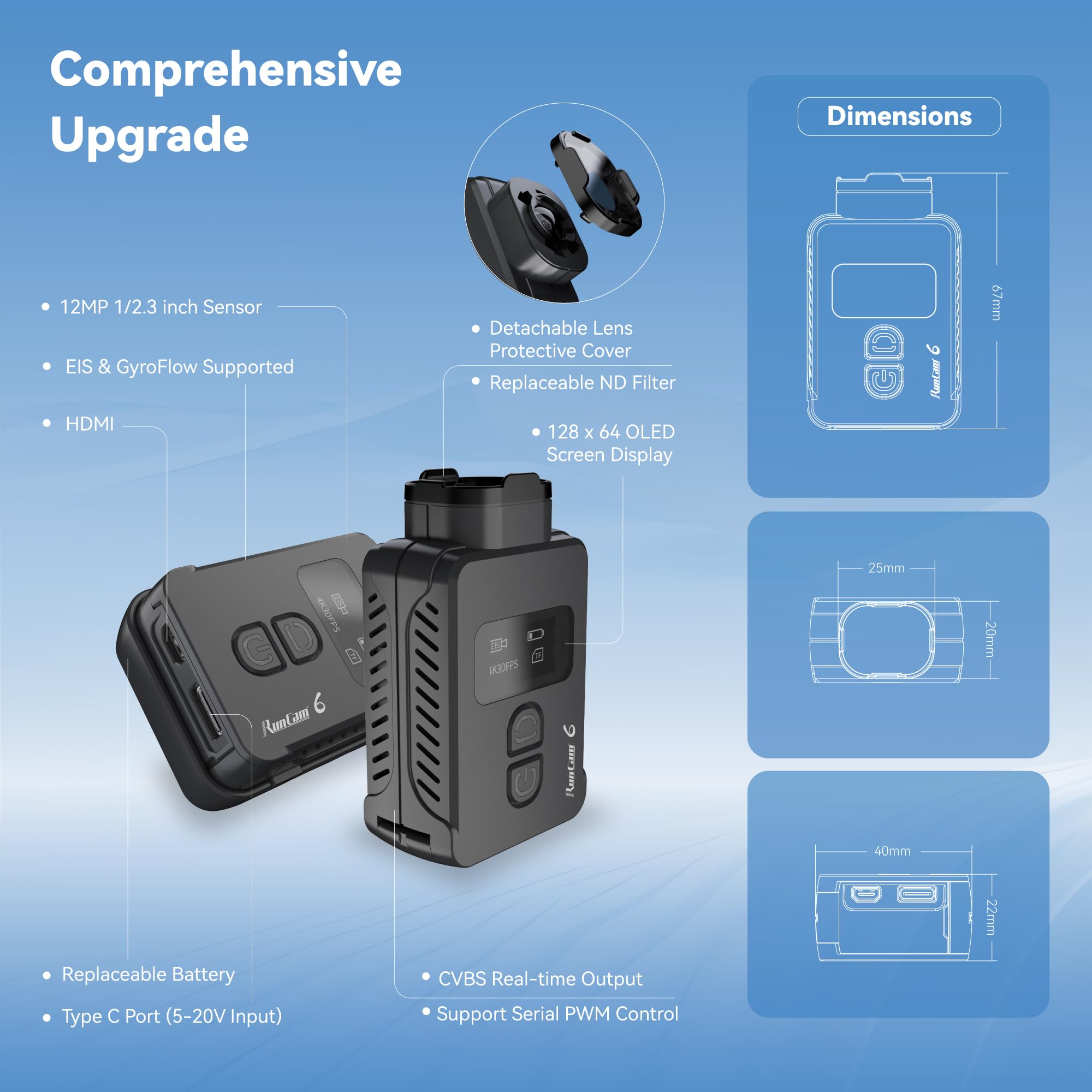 Runcam 6 4K Fpv Action Camera, Mini Hd Video Cam With Wifi Eis&Gyroflow Hdmi Pwm Supported For Rc Plane Airplane Rocket Rc Car F