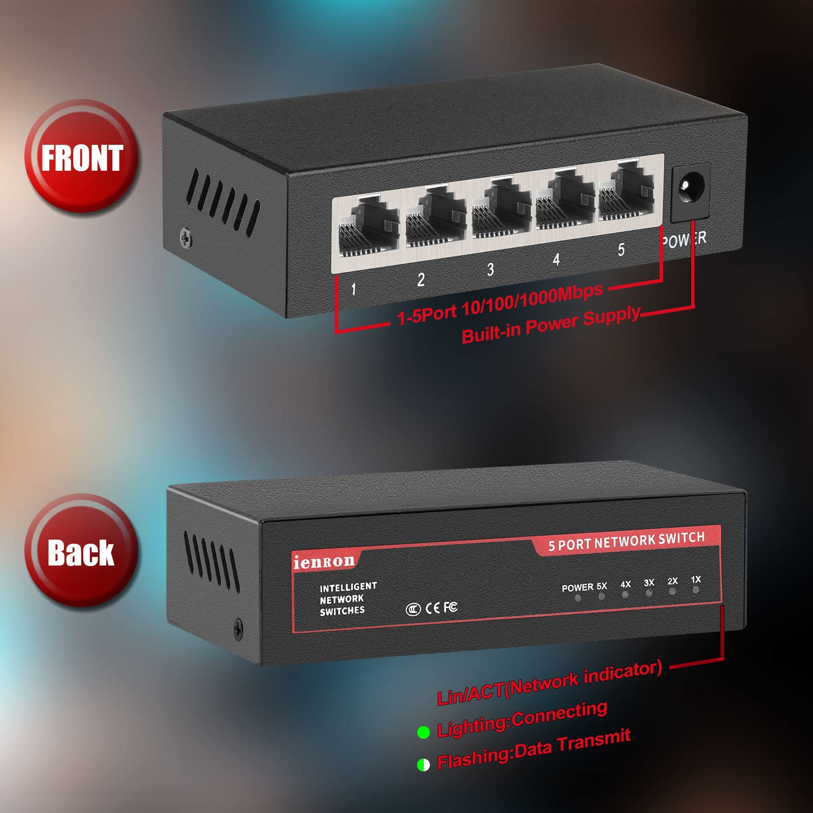 Ienron 5 Ports Gigabit Ethernet Switch, Unmanaged Network Switch,Ethernet Splitter | Plug & Play | Fanless Metal Design | Shield