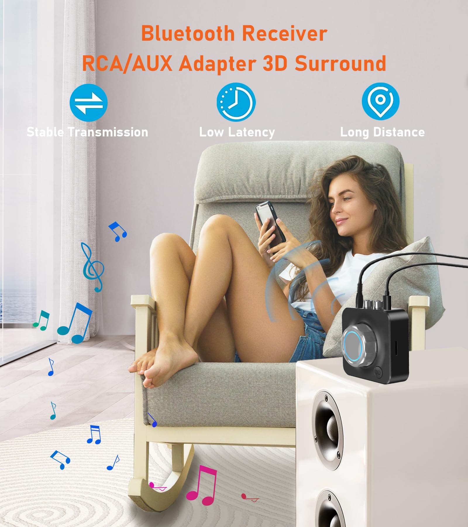 Kaiy Bluetooth Receiver For Home Stereo, Rca To Bluetooth Adapter Hifi Music Adapter With 3D Surround Low Latency, Bluetooth Aux