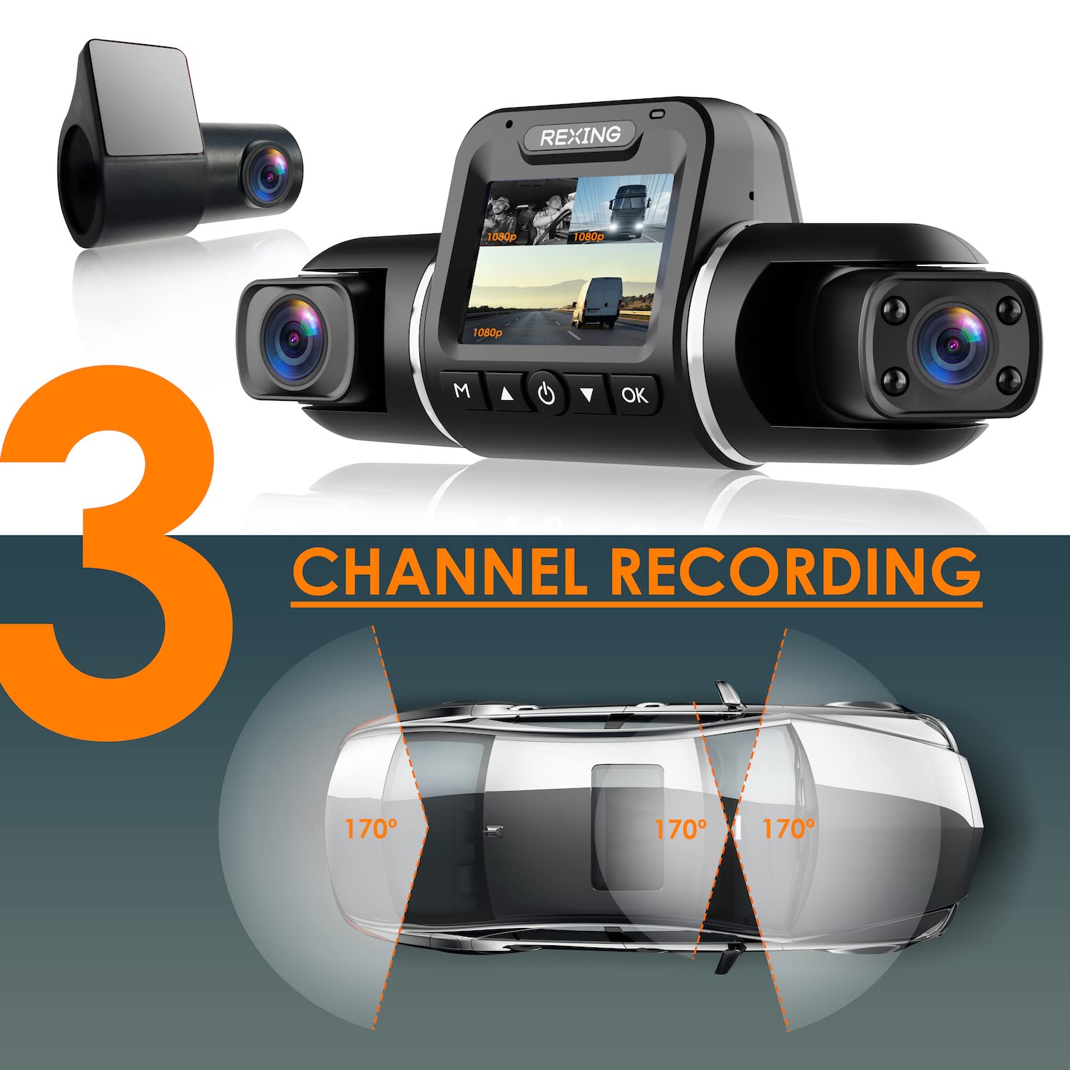 Rexing V2 Pro Ai Dash Cam, 3 Channel Front Cabin Rear 1080P Recording,2.7    Lcd,Wifi,Mobile App,Gps,Night Vision,Artificial Int