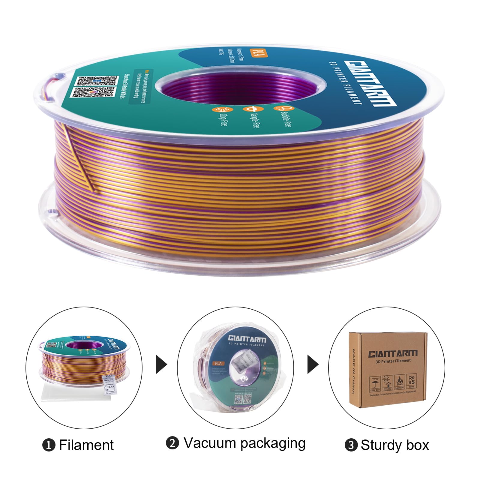 Giantarm Tri-Colors Silk Pla Filament, 3D Printer Filament 1.75Mm +/-0.02Mm, 1Kg (2.2Lbs) Spool, Vacuum Packaging?Red+Gold+Purpl