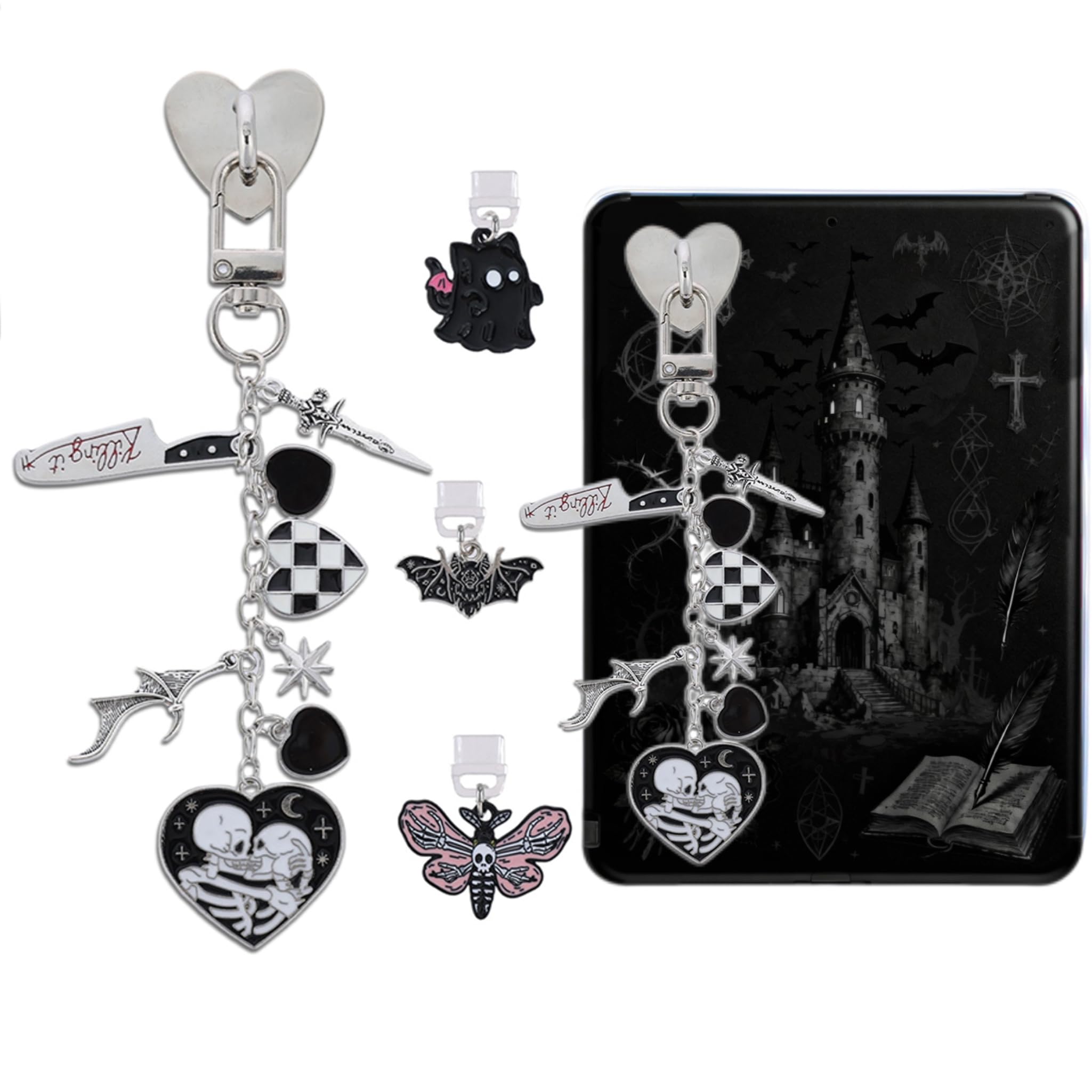 TAKEALOOKO Halloween Dust Plug Charm Chains for Kindle - 4Pcs Gothic Ghost Bat Type C Dustplug & Chain Bracelet Strap Decorating