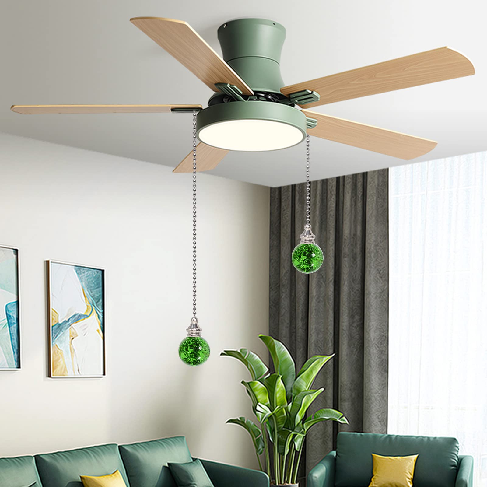 2Pcs Green Pull Chain Crystal Glass Ice Cracked Ball Pull Chain For Ceiling Fan Light Decoration 50Cm Extension Chain