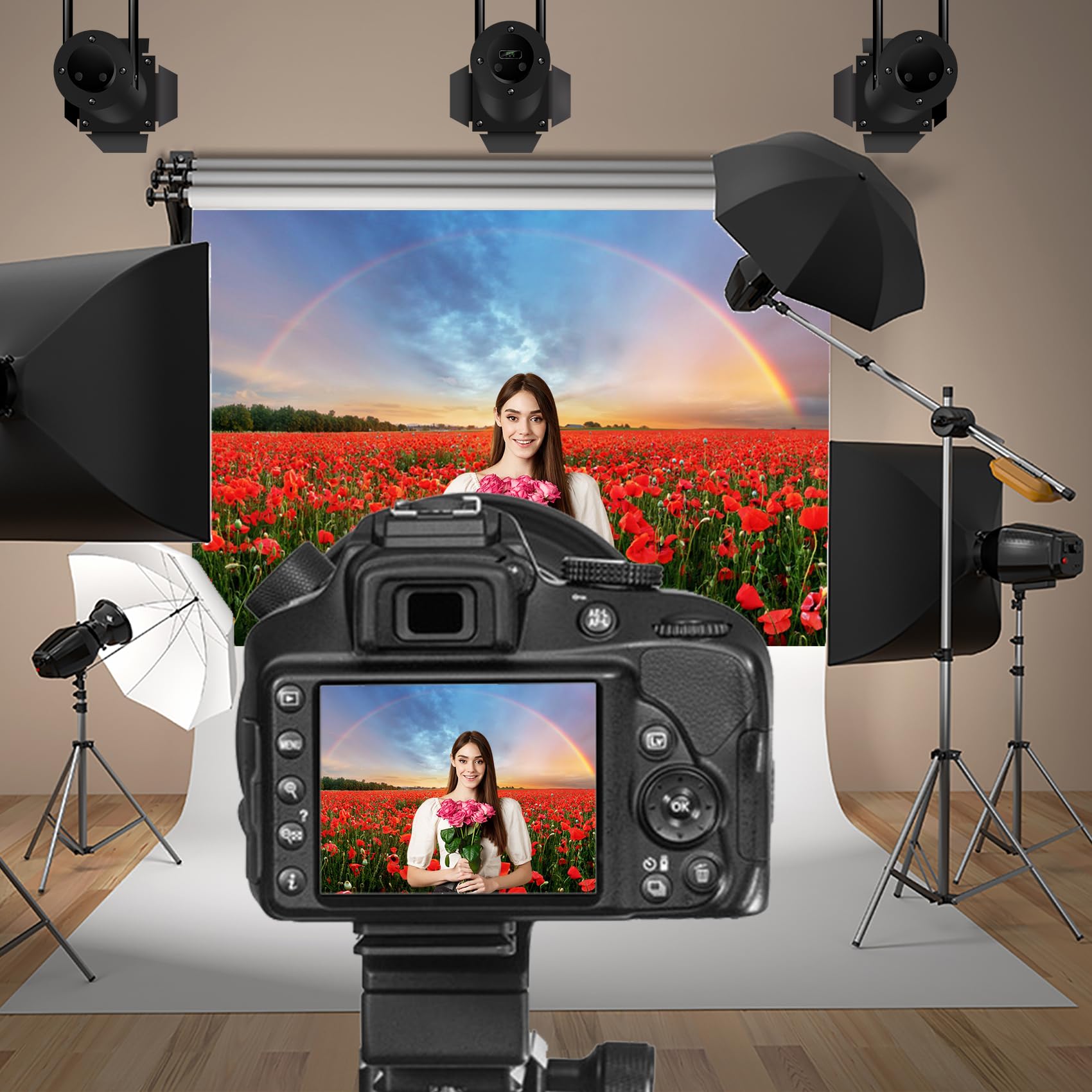 Baocicco 7X5Ft Background For Sunset Rainbow Sky Red Poppy Field Photography Backdrop Outdoor Wedding Backdrop Spring Natural Sc