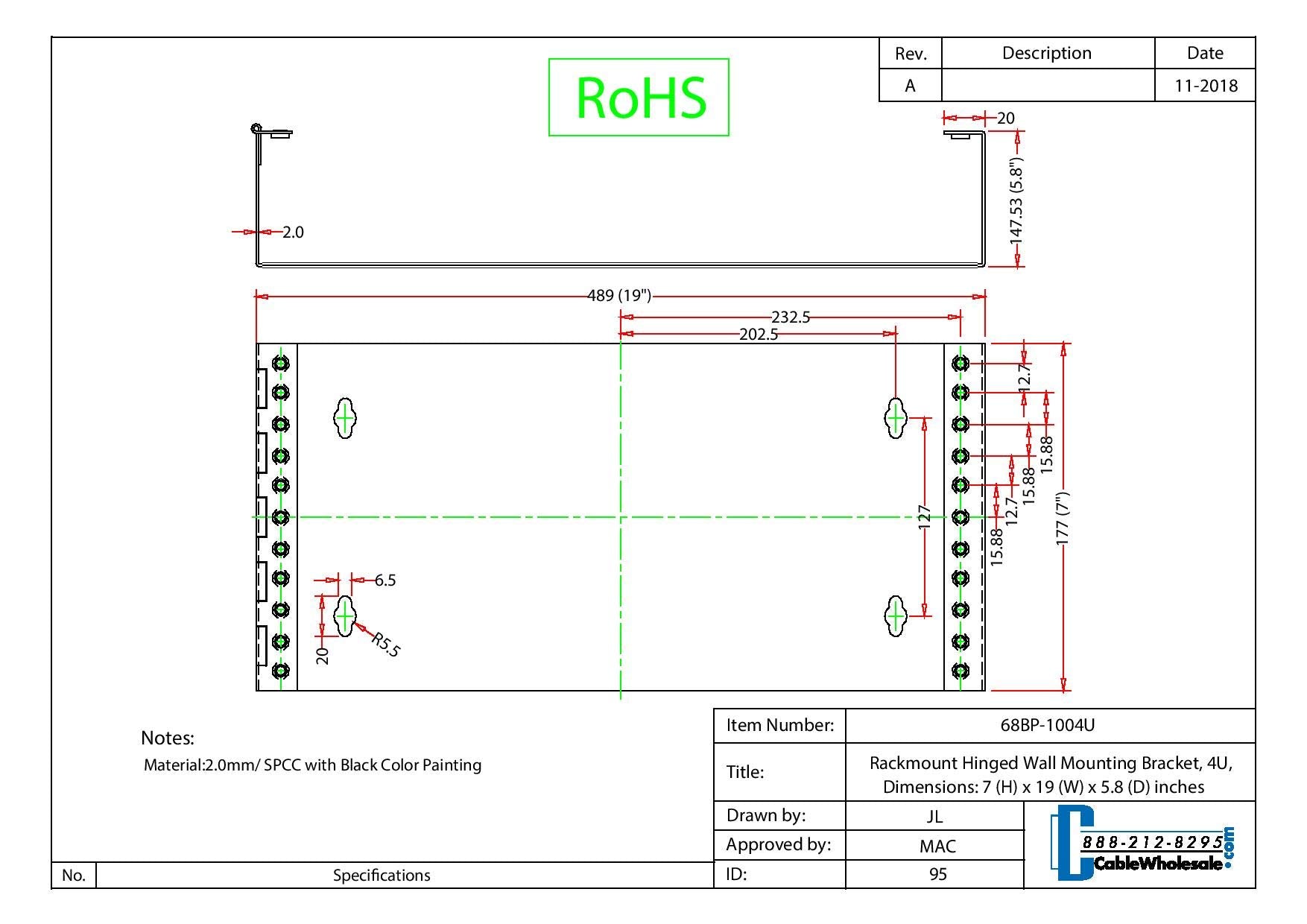 4U Hinged Wall Mount Patch Panel Bracket   19'' Patch Panel Swing Rack For Shallow Network Equipment, 6 Inch Deep, Dimensions: 7