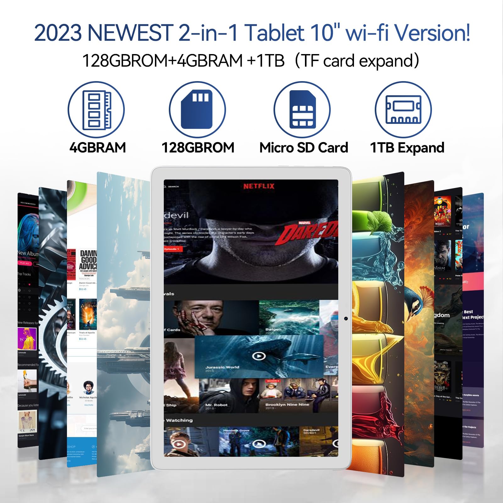 Tablet 10.1 Inch 128 Storage+1Tb Expand 2 In 1 Android Tablets, Tablet With Keyboard Case Mouse, 5G Dual Wifi, Gps, Octa Core, H