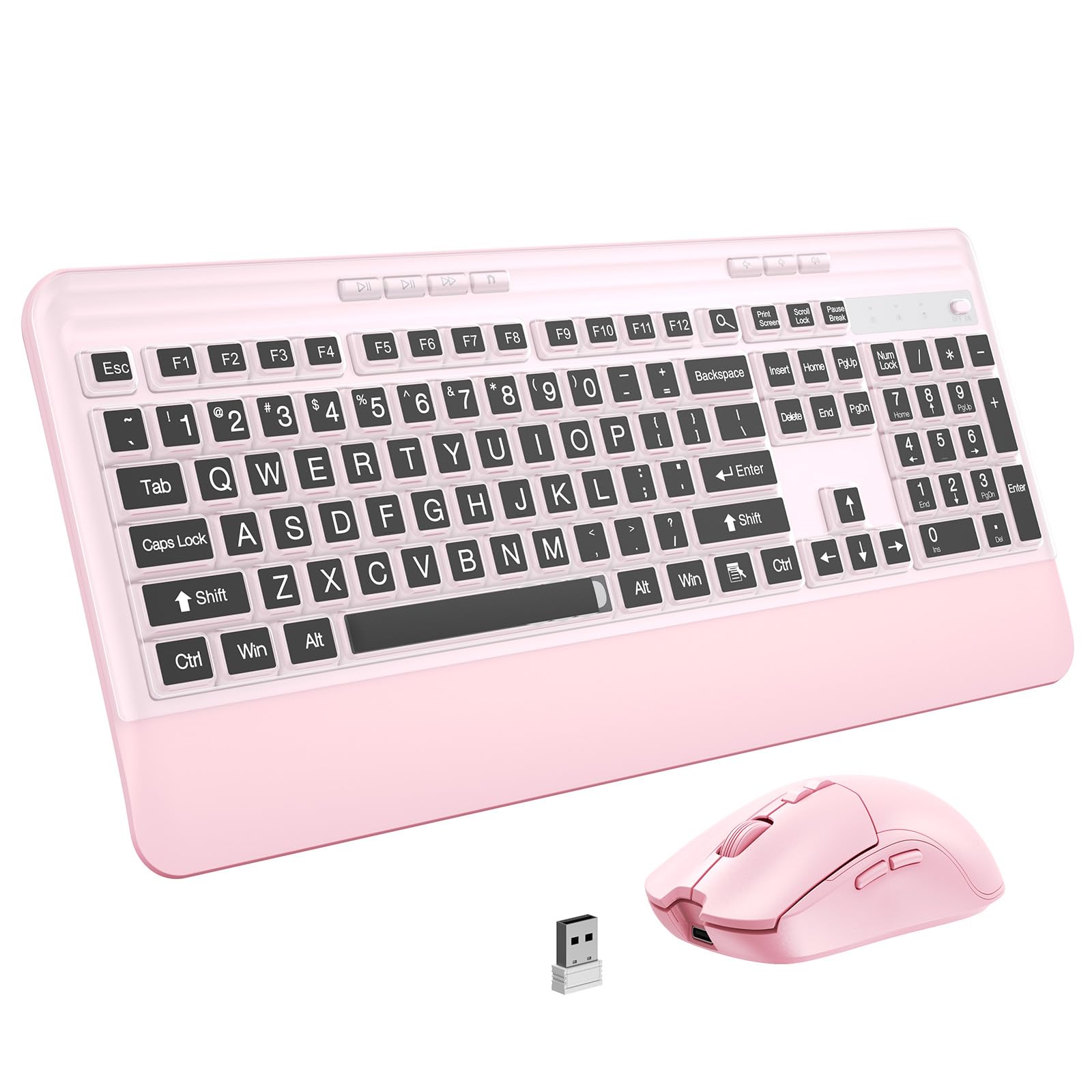 KOPJIPPOM Silent Wireless Keyboard and Mouse Combo  Keyboard with Large Print Cover, 2.4GHz FullSized Ergonomic Keyboard with 