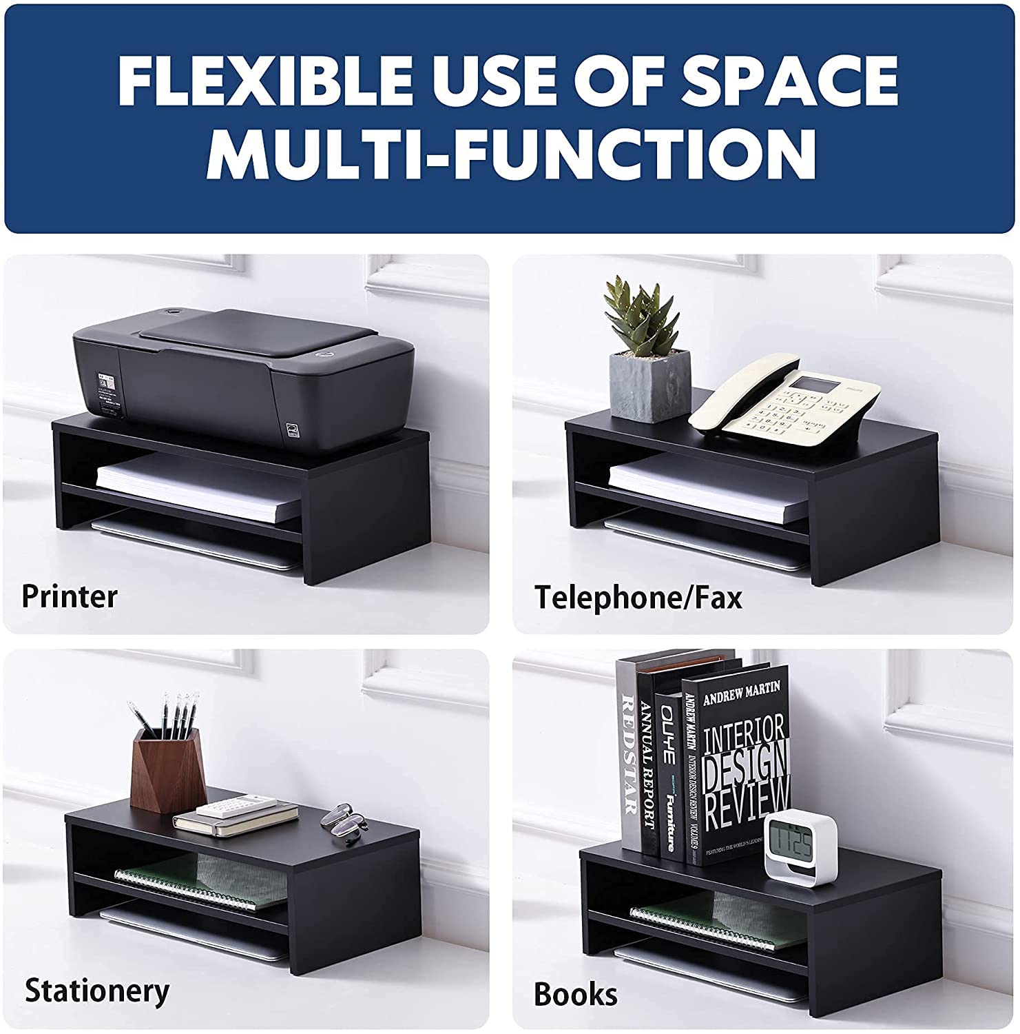 FITUEYES Monitor Stand   2 Tier Computer Monitor Riser with 16.7 Inch Shelf, Wood Desktop Stand for Laptop Computer Screen, Desk Organization, Office Supplies,Black, DT204201WB
