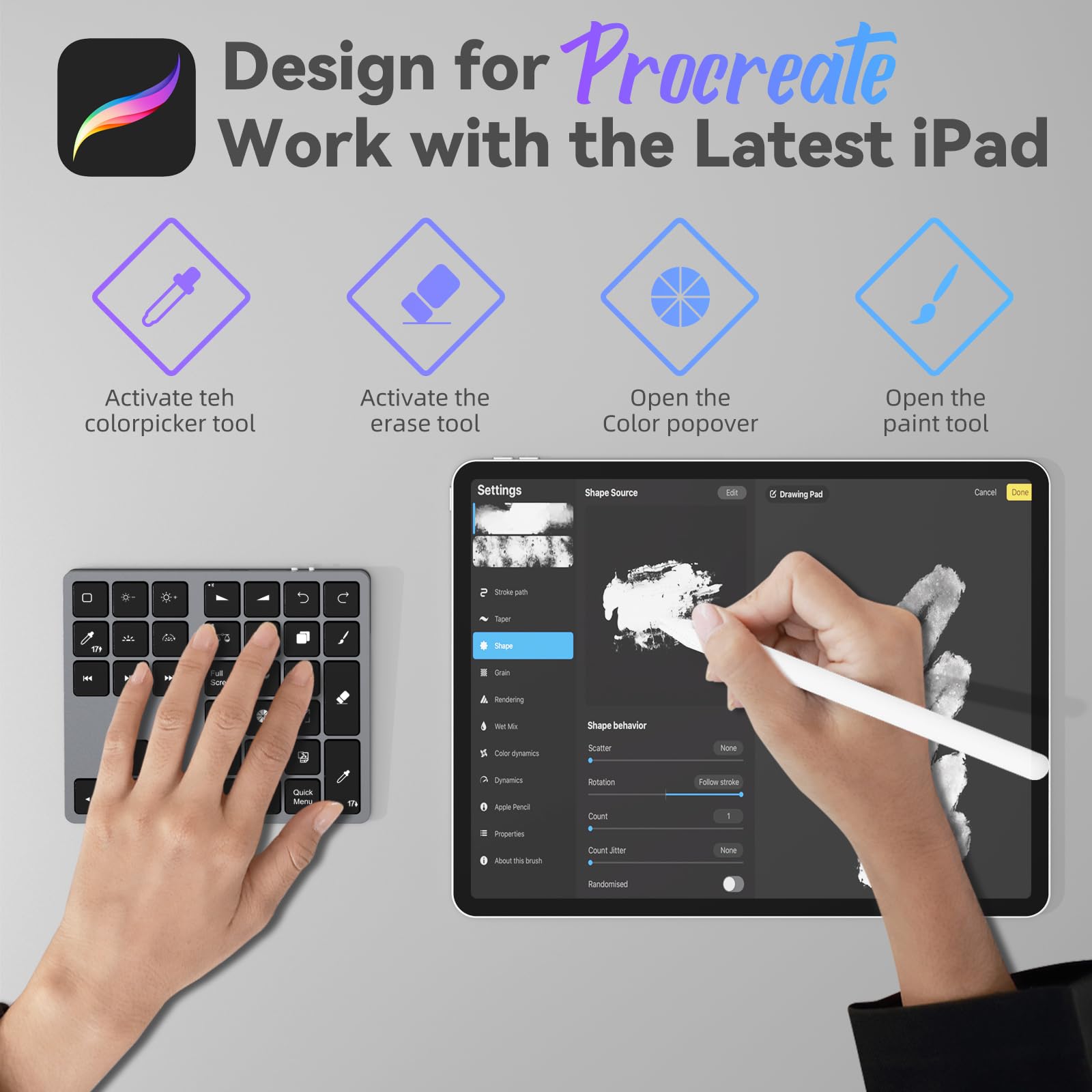 Doohoeek Backlit Bluetooth Keypad for iPad Procreate, Rechargeable, Grey, Compatible with iOS 17 or Later, Ideal for Drawing Shortcuts