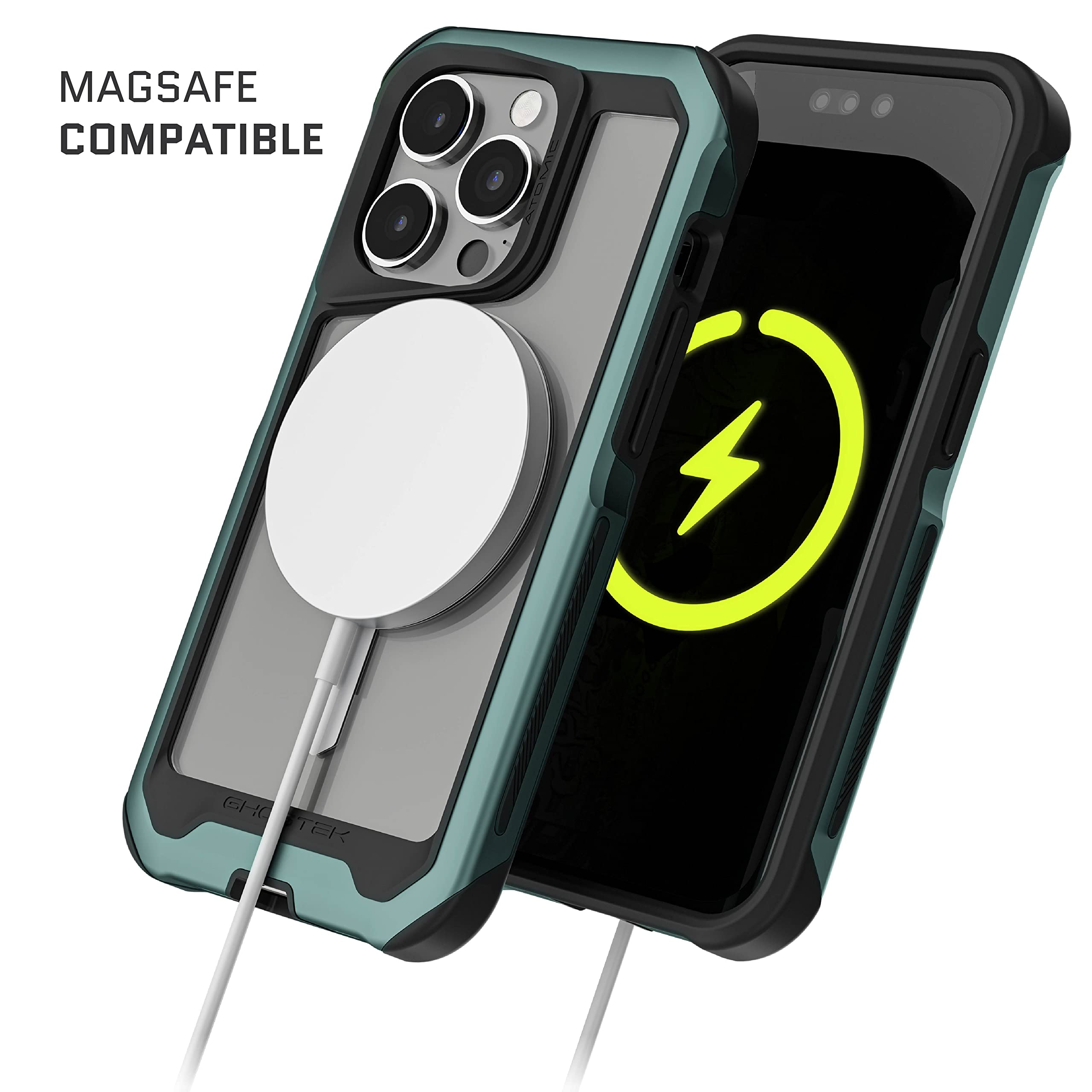 Ghostek Atomic Slim Iphone 14 Case Green With Clear Magsafe Magnetic Ring Back Wireless Charging Compatible Tough Military Grade
