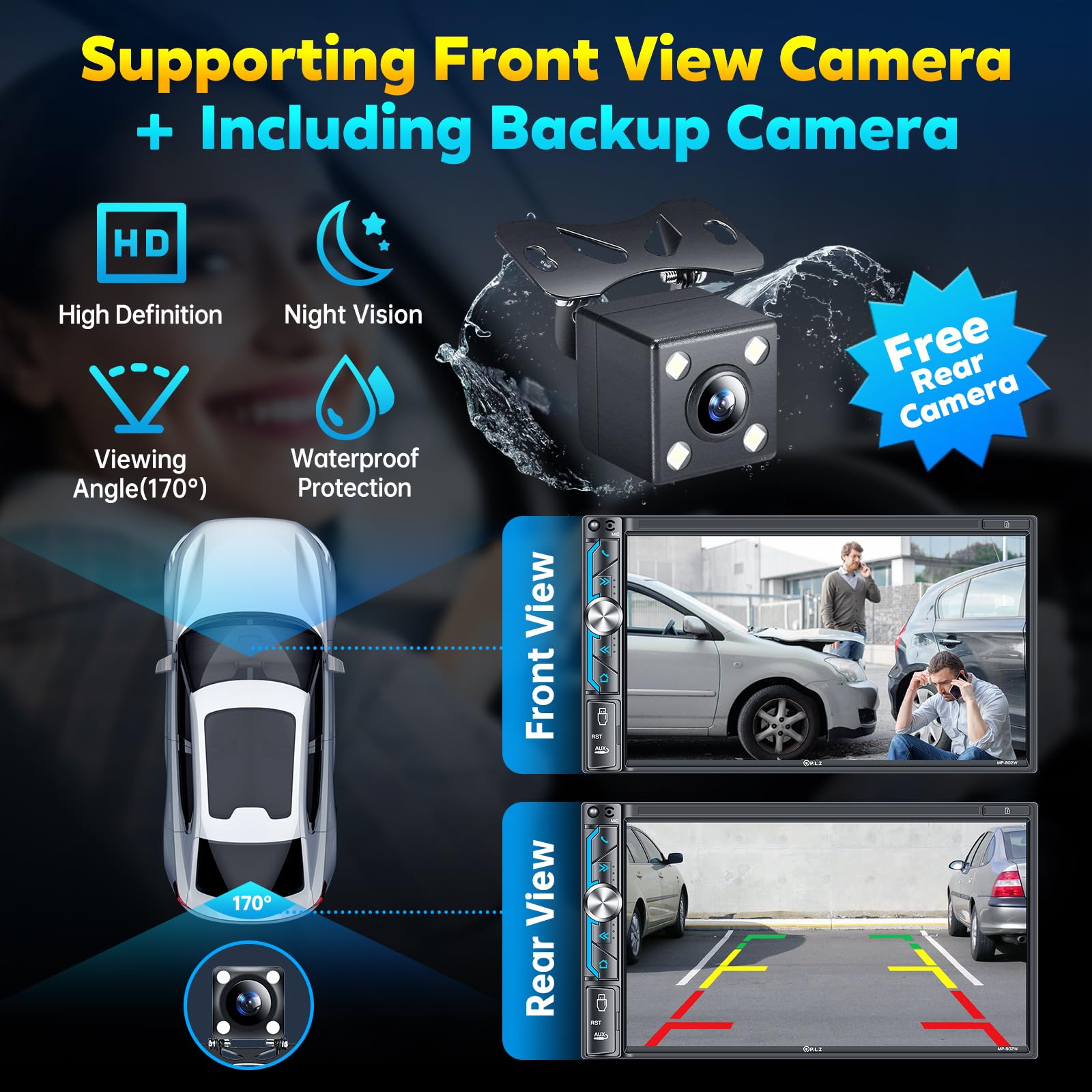 Plz 7'' Wireless Double Din Car Stereo Apple Carplay Radio Screen For Car Audio Receivers, Bluetooth 5.3 Car Play Android Auto T