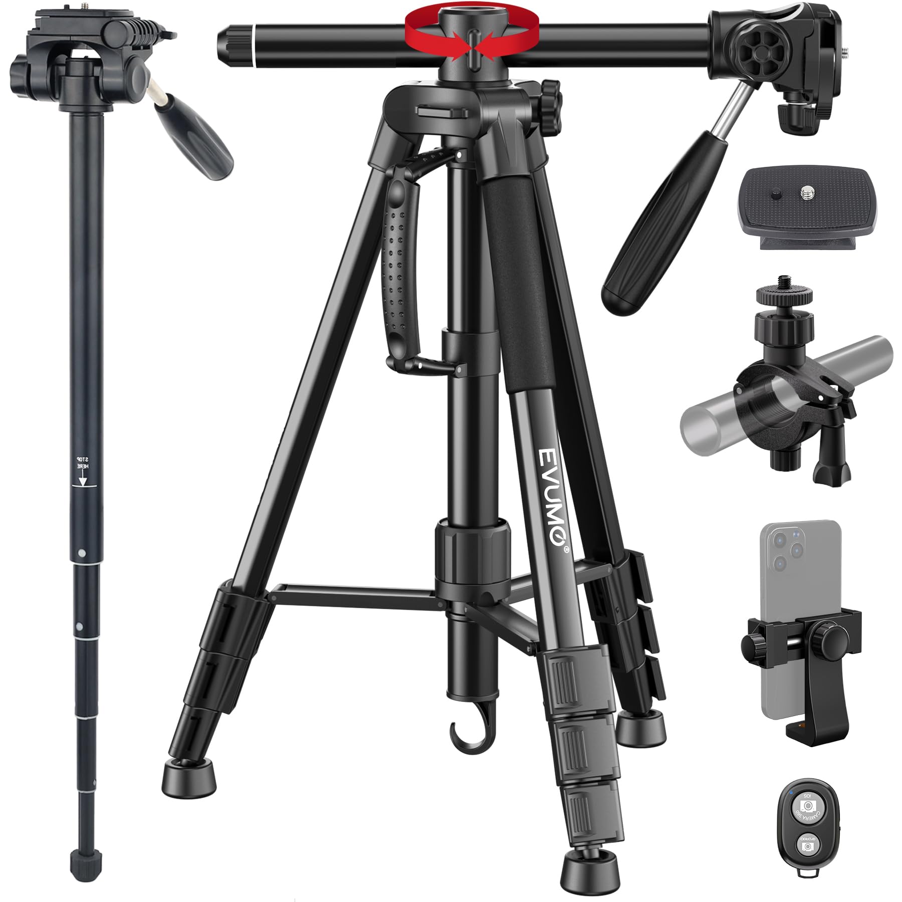 EVUMO HF3 Horizontal Tripod for Camera and iPhone, 65 Overhead Camera Tripod & Monopod 2in1 with Remote and Phone Mount, 360 R