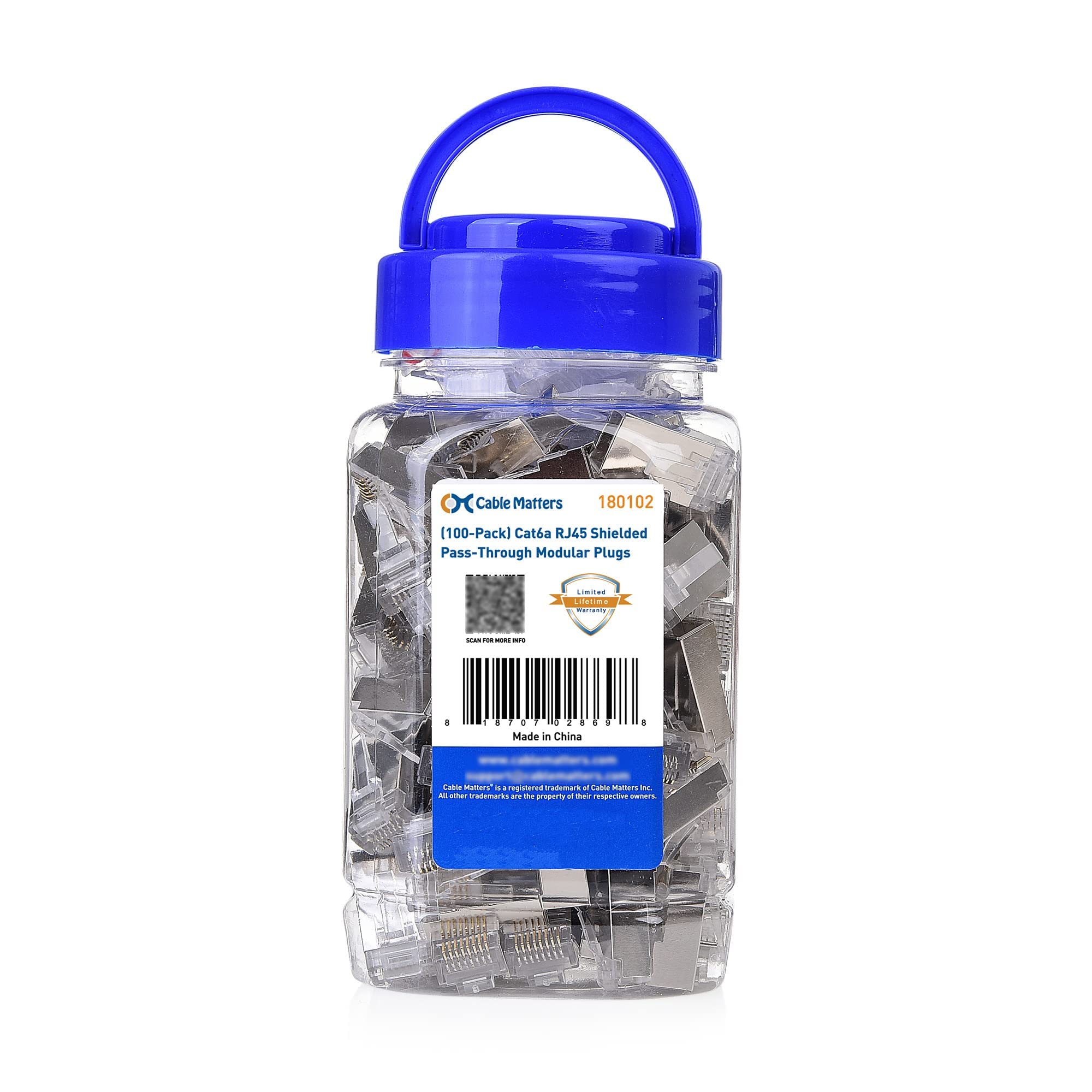 Cable Matters 100 Pack Cat 6A Shielded Pass Through RJ45 Connectors (Cat 6A Ends / Cat6A Connector / RJ45 Modular Plugs/Ethernet Plugs/Network Connector) for Solid or Stranded S/FTP Ethernet Cable