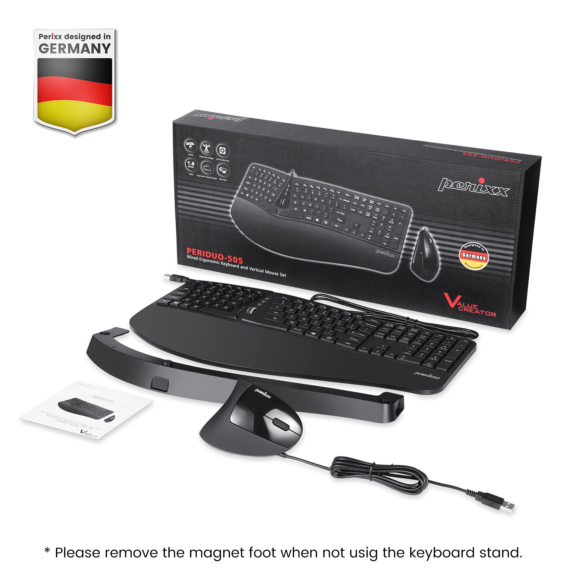 Perixx Periduo 505, Wired Usb Ergonomic Split Keyboard And Vertical Mouse Combo With Adjustable Palm Rest And Short Tactical Membrane Keys, Us English Layout