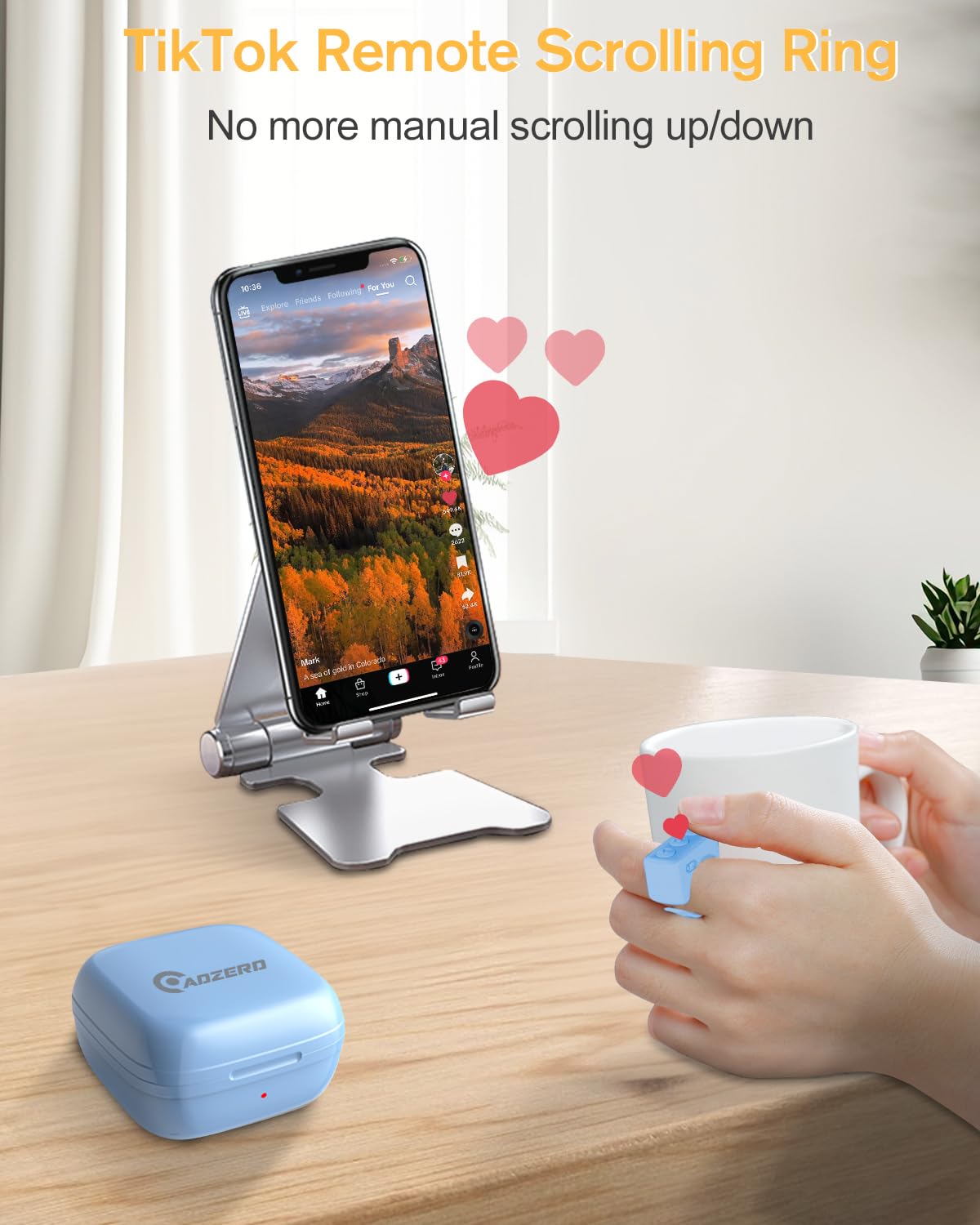 Adzerd Remote Control For Tiktok, Page Turner For Iphone/Ipad, Bluetooth Camera Video Recording Remote, Scrolling Ring For Tik Tok, Compatible With Ios/Android Phones & Tablets   Blue