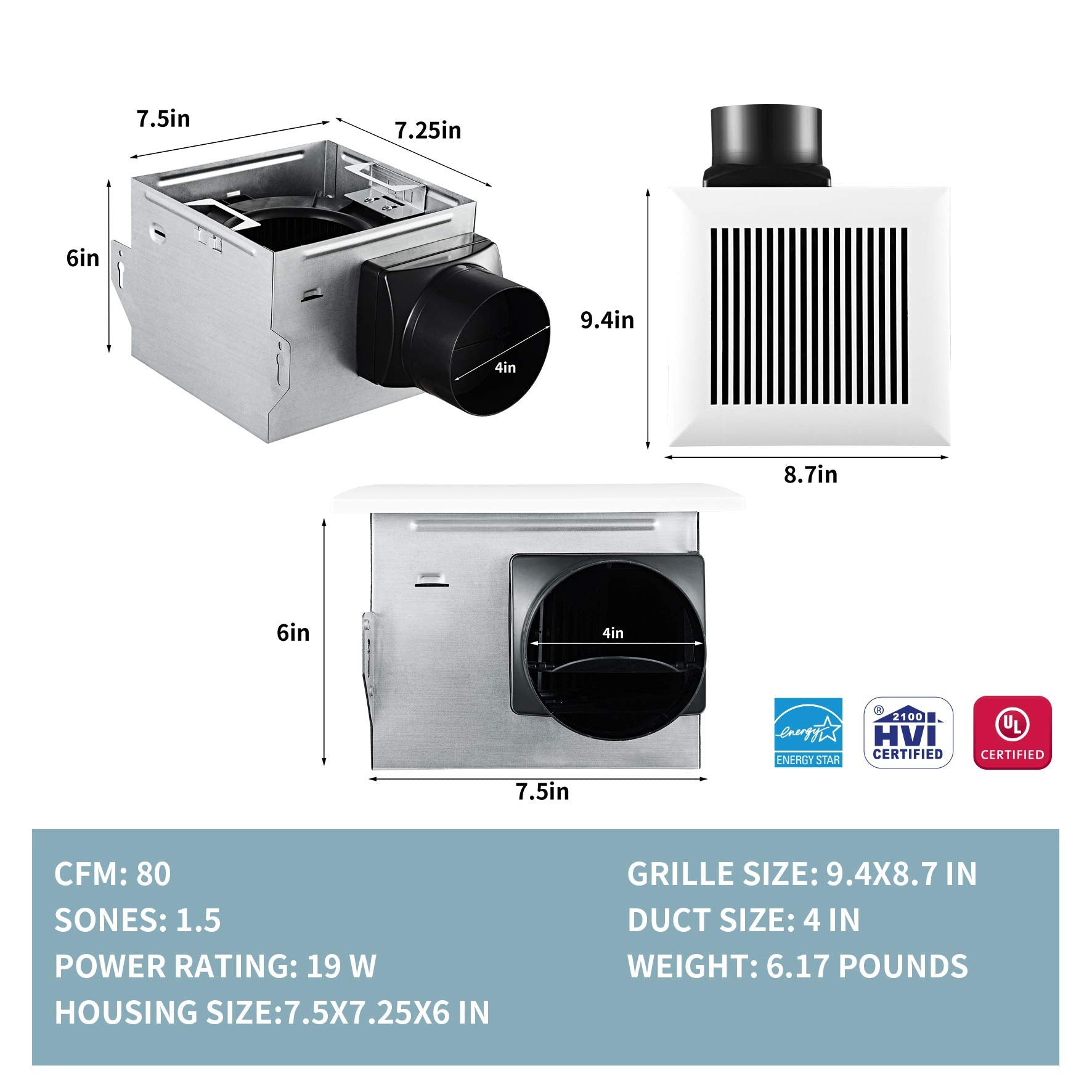 Tech Drive Very-Quiet 80 CFM 1.5 Sone No Attic Access Bathroom Exhaust Fan TD-BF-04 Metal White