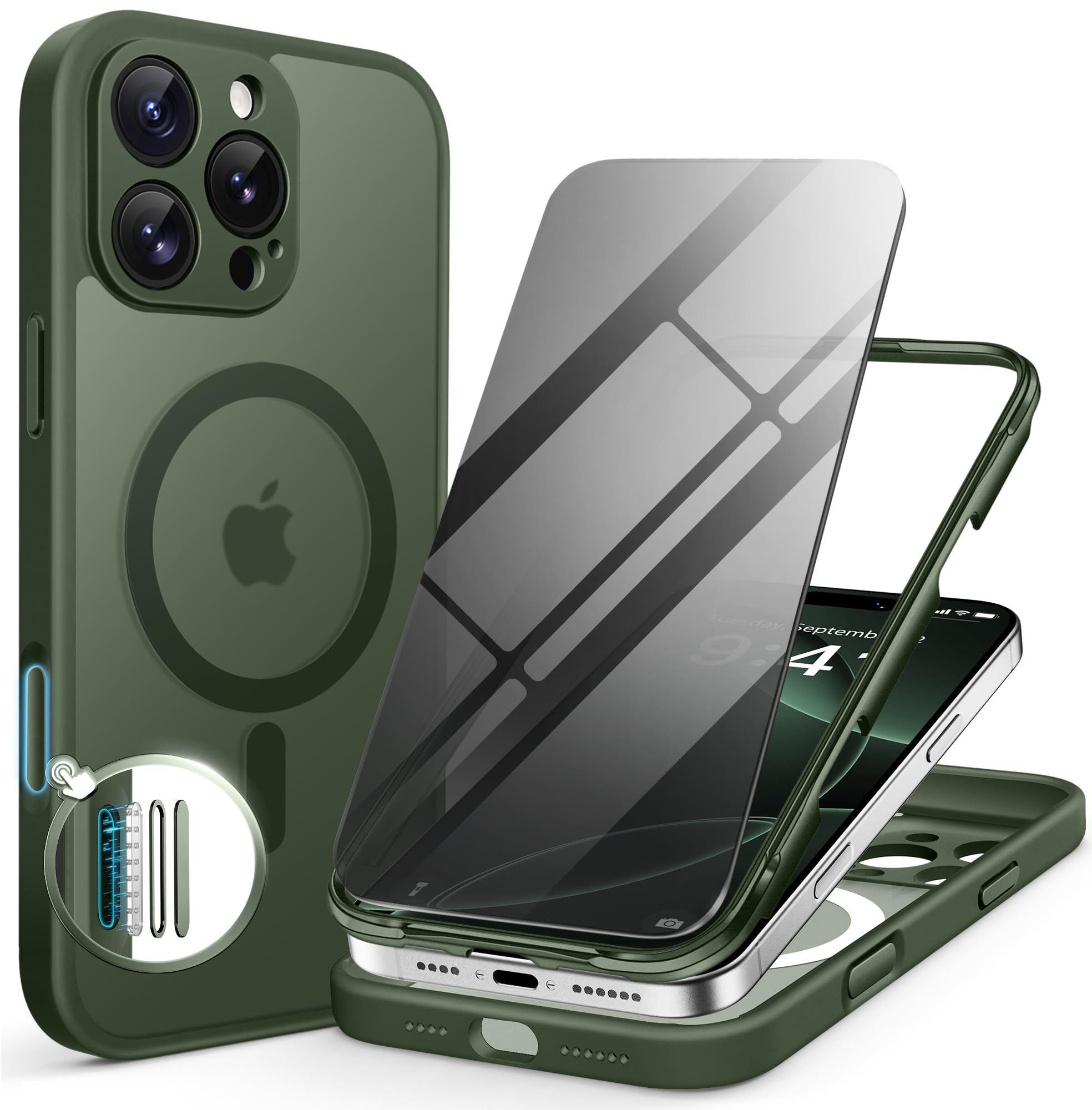 Berfy Magnetic For Iphone 16 Pro Max Case, Compatible With Magsafe, With Privacy Screen Protector, [Upgraded Camera Protection],