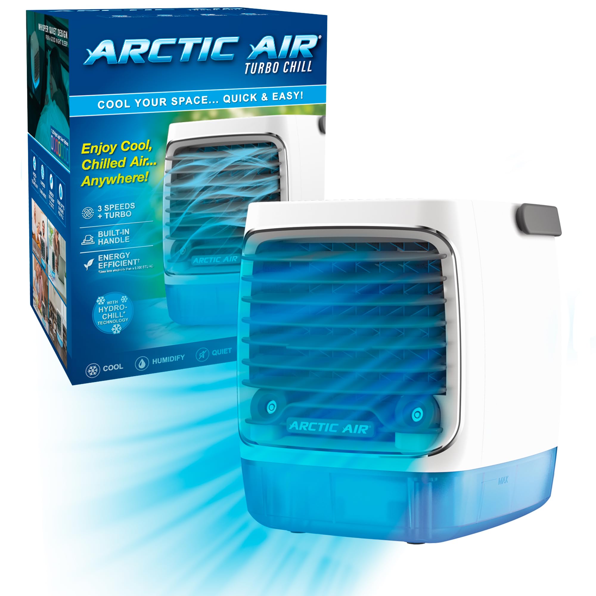 Ontel Arctic Air Turbo Chill Evaporative Cooler with HydroChill Technology, 4-Speed Portable Air Cooler Fan, Up To 8 Hr Per Fill