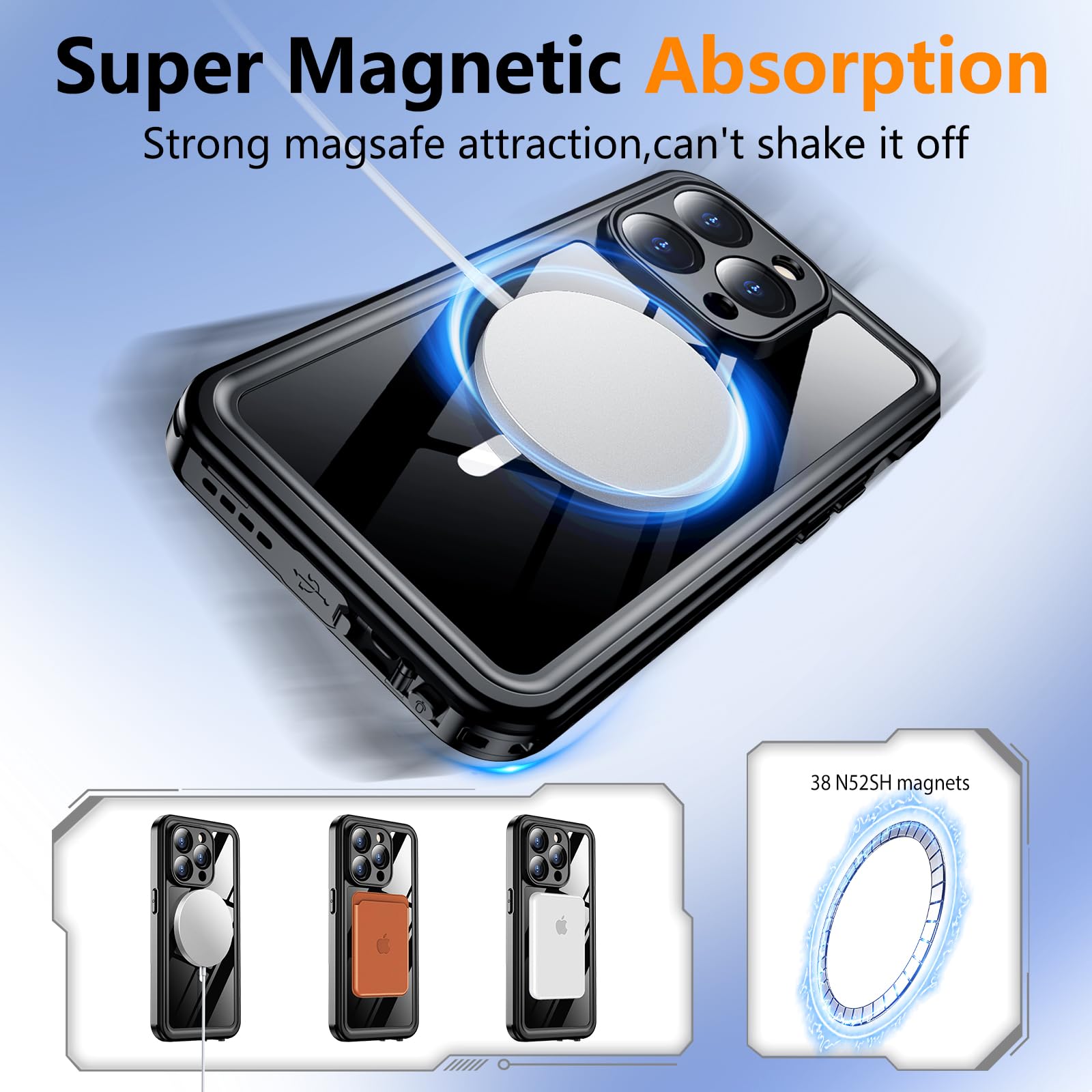 Temdan Magnetic For Iphone 15 Pro Case Waterproof,Built In Screen Protector[Ip68 Underwater][Upgrade Military Dropproof][Compati
