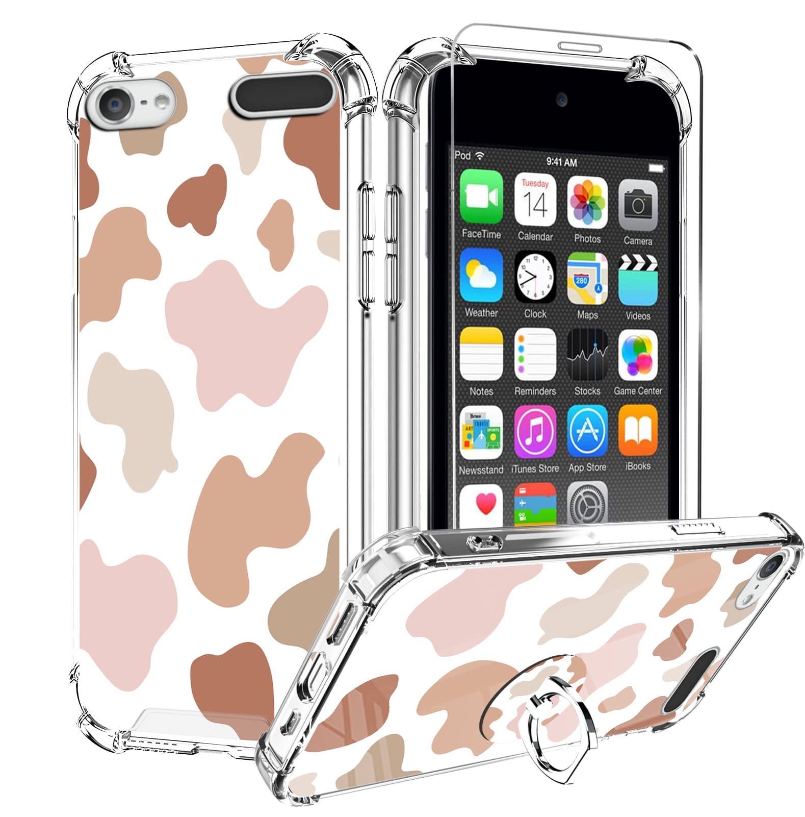 Kanghar Ipod Touch 7/6/5 Case, Cute Cow Print With Screen Protector,Kickstand Ring Holder Soft Tpu Bumper Shockproof Cover For I
