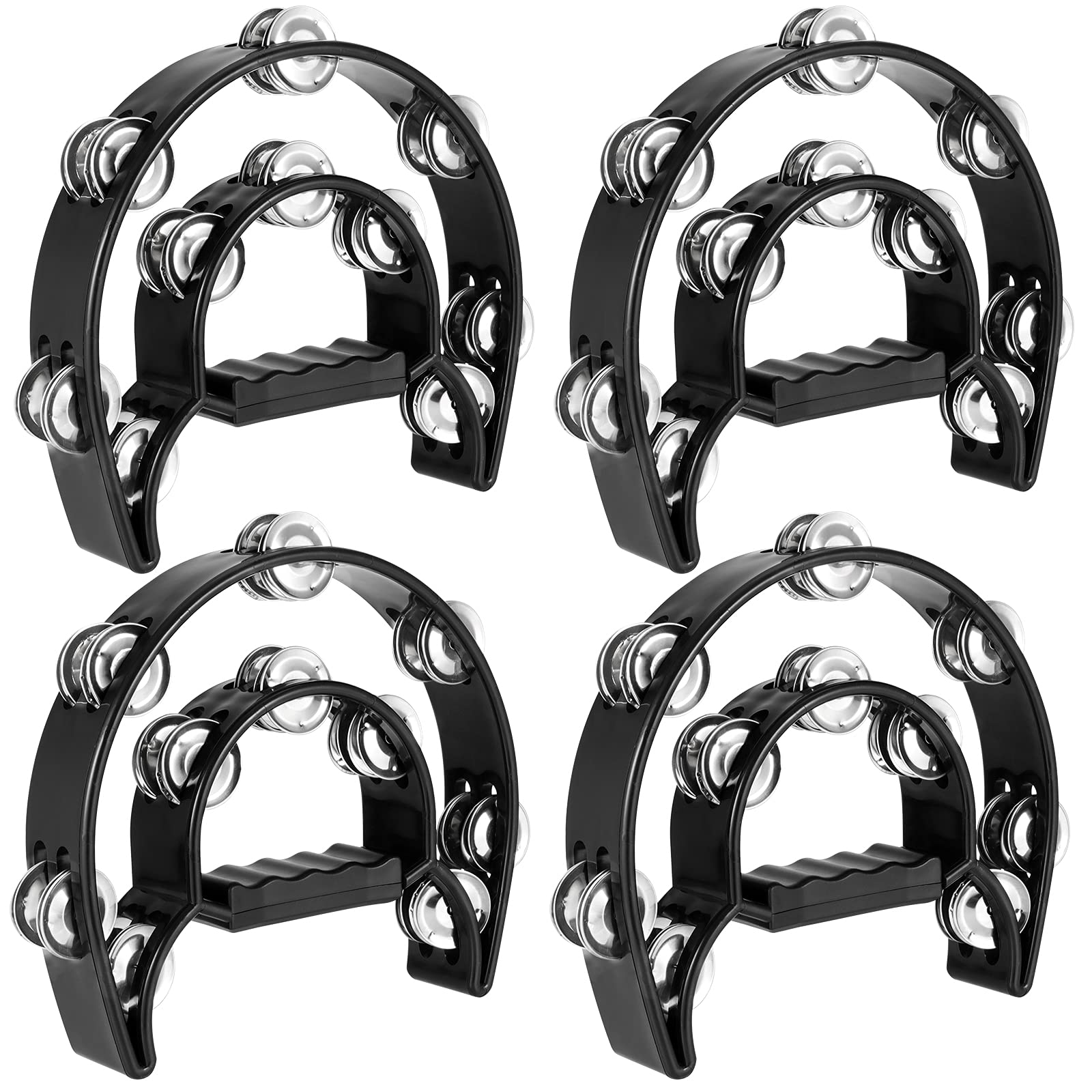 YUUHJUN 4 Pack 10 Inch Double Row Tambourine, Half Moon Musical Tambourine, Metal Jingles Hand Held Percussion Drum with Ergonom