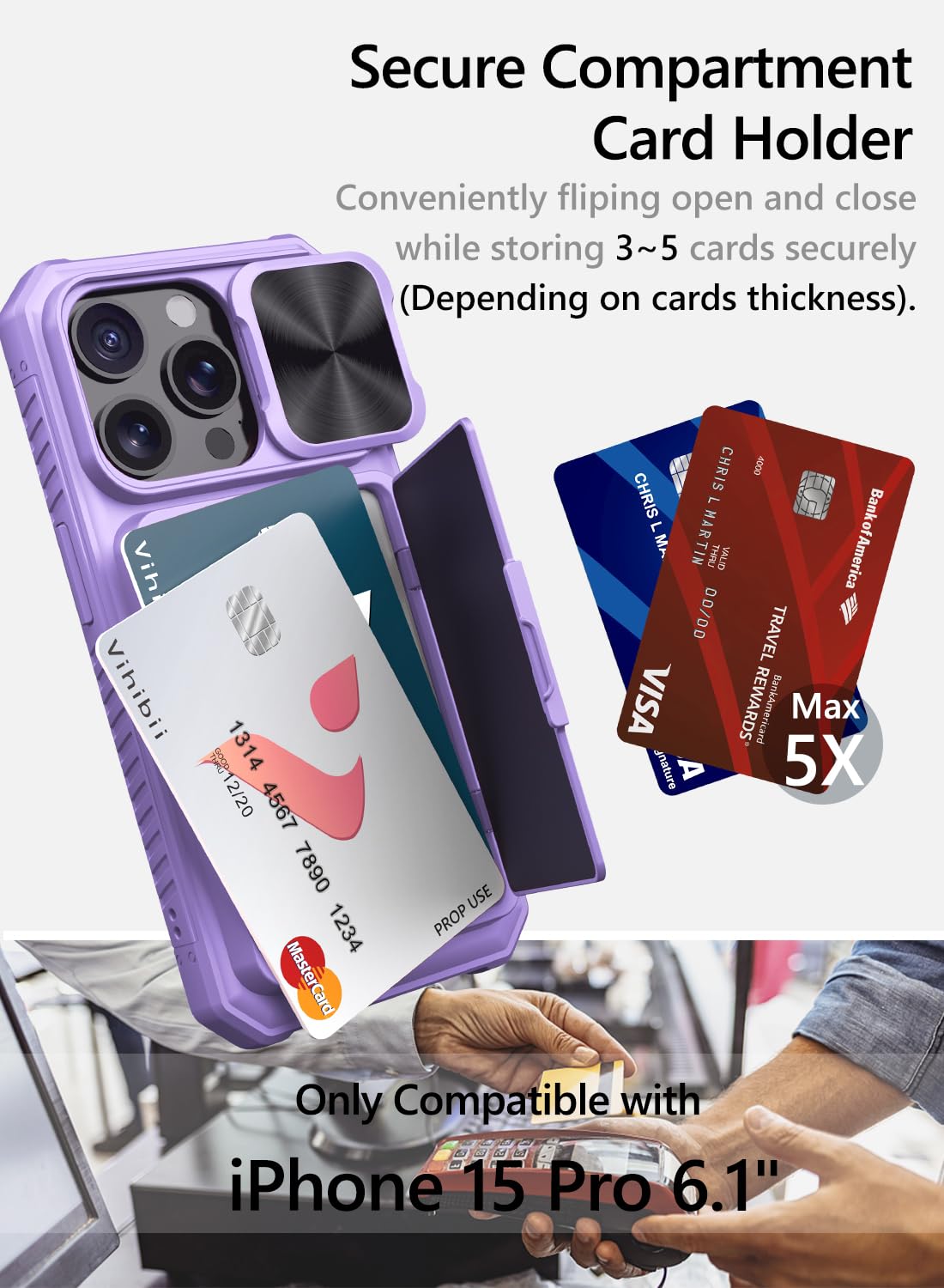 Vihibii For Iphone 15 Pro Case With Card Holder (4 Cards) & Slide Camera Cover & Kickstand, Shockproof Rugged Durable Hard Back