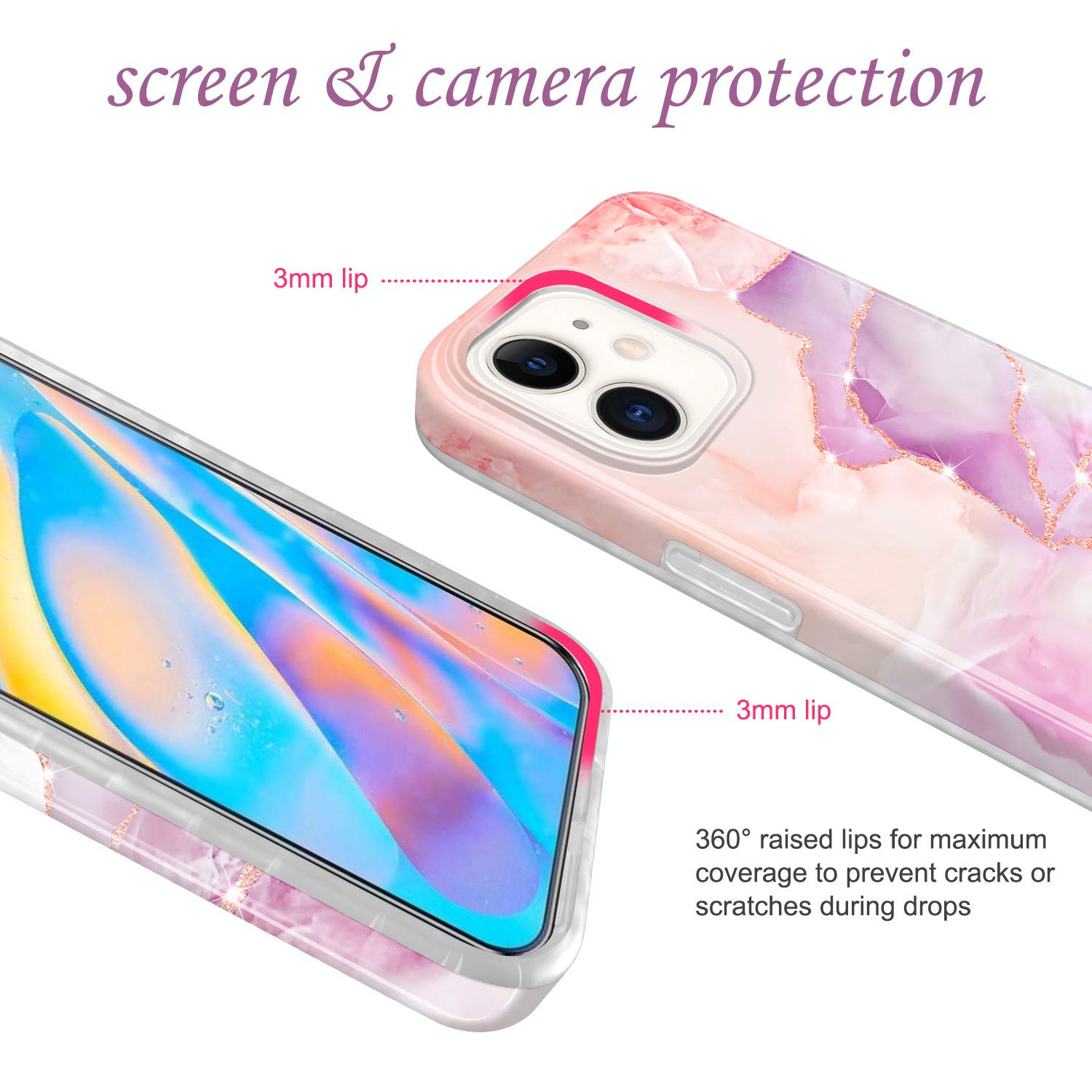 JIAXIUFEN iPhone 12 mini Sparkle Gold Glitter Marble Slim Shockproof TPU Phone Case Purple