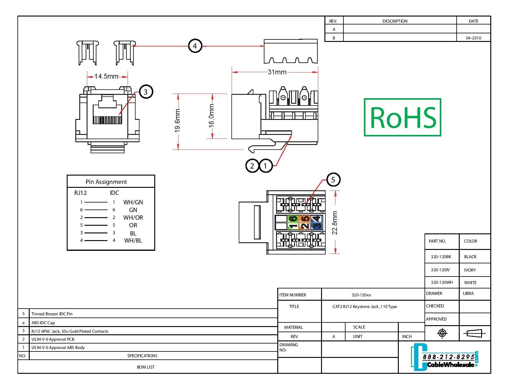 Cablewholesale Rj12 Keystone Insert, White, Phone/Data Jack, Rj11/Rj12 Female To 110 Type Punch Down, Rj11/Rj12 Keystone Phone J