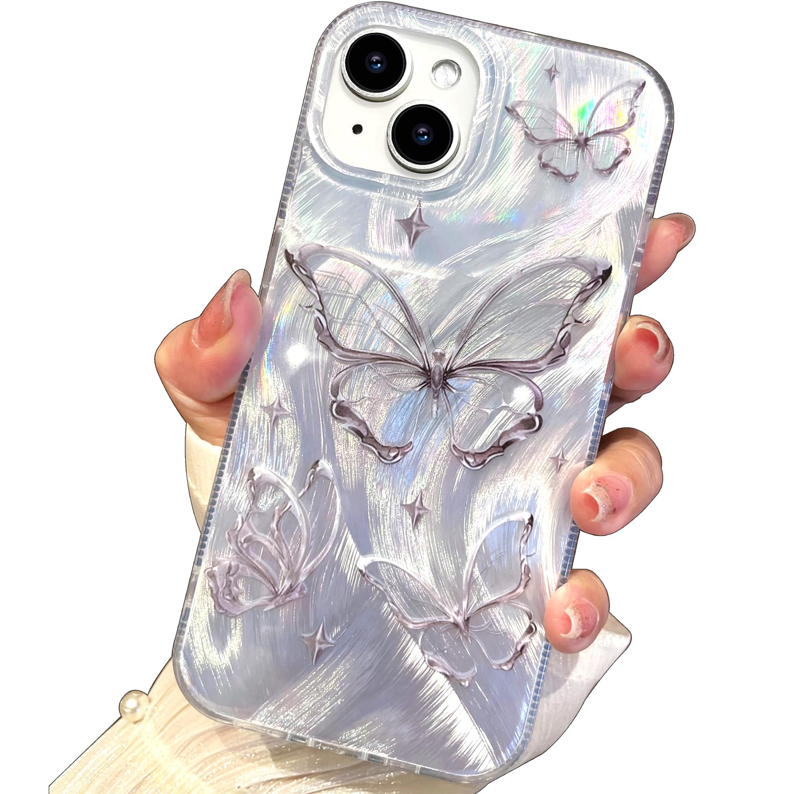 I Mgae In Ar Compact Case For Iphone 15 Plus Shiny Silver Butterfly Design,Cute Trendy Soft Slim Tpu Shockproof Protective Phone