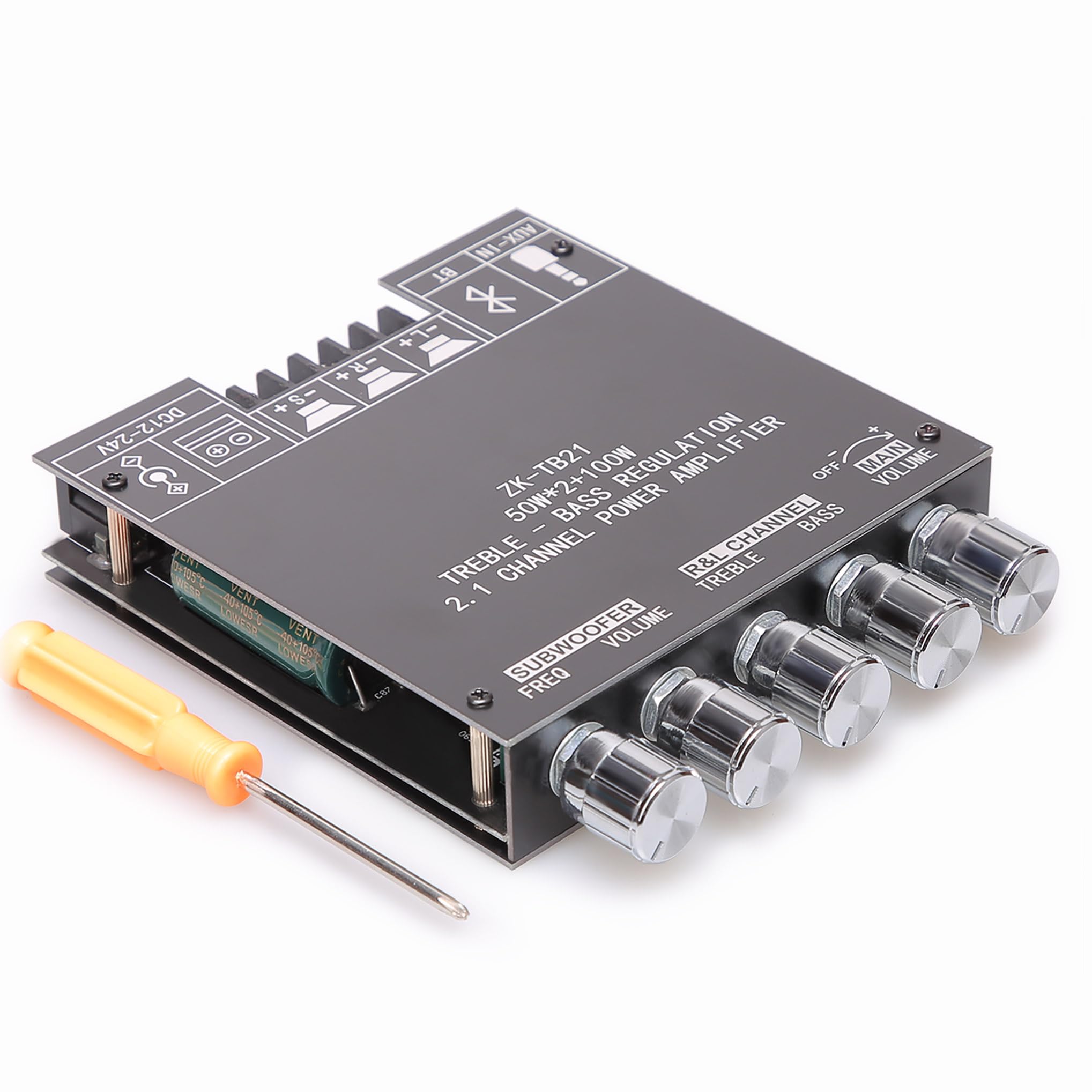 50W+50W+100W 2.1 Channel Subwoofer Amplifier Board with Treble and Bass Control, Dual TPA3116 Chip, DC 12-24V, Bluetooth and AUX