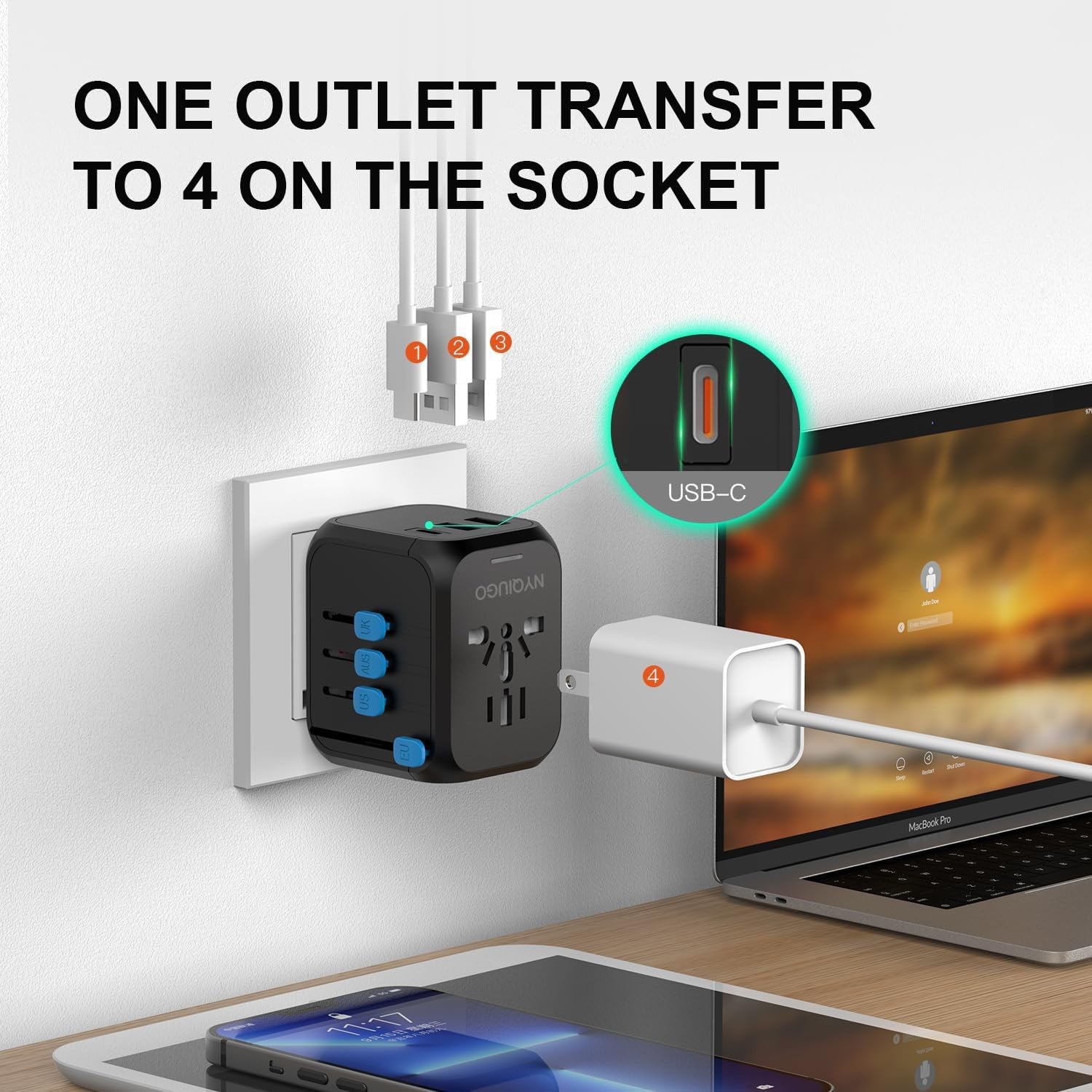 Nyqiugo Universal International Power Travel Plug Adapter With 3 Usb Ports (1 Usb C), Worldwide Plug Adaptor Wall Charger For Us