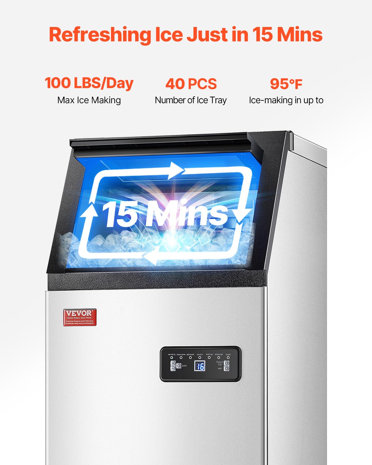 Vevor 100Lbs/24H Commercial Ice Maker, 36 Ice Cubes In 15 Minutes, Freestanding Ice Maker Machine With 28Lbs Large Storage Capac