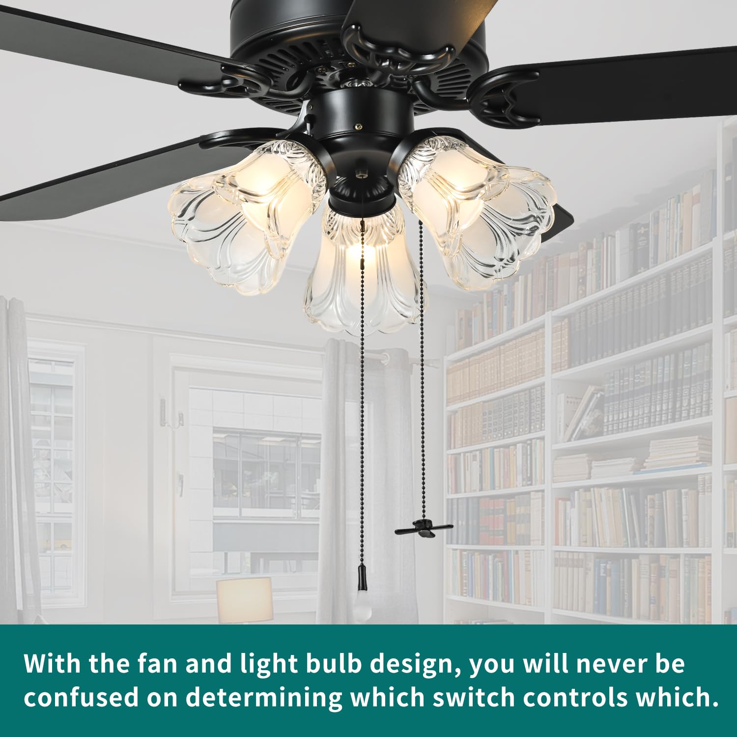 Twlite 42 Inch Indoor Ceiling Fan With Pull Chain And Three Led Light Bulbs Base, Traditional 3 Speeds Reversible Blades Ceiling