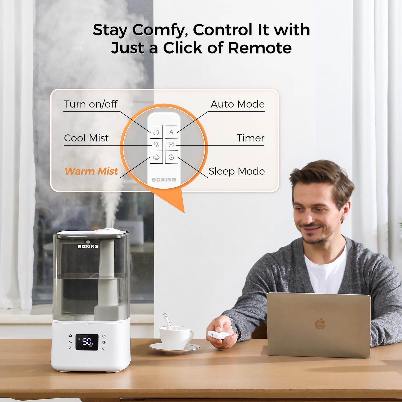 Boxing 6L Warm & Cool Mist Humidifiers For Bedroom, Air Humidfier For Large Room With Remote Control, Auto Mode Perfect For Baby