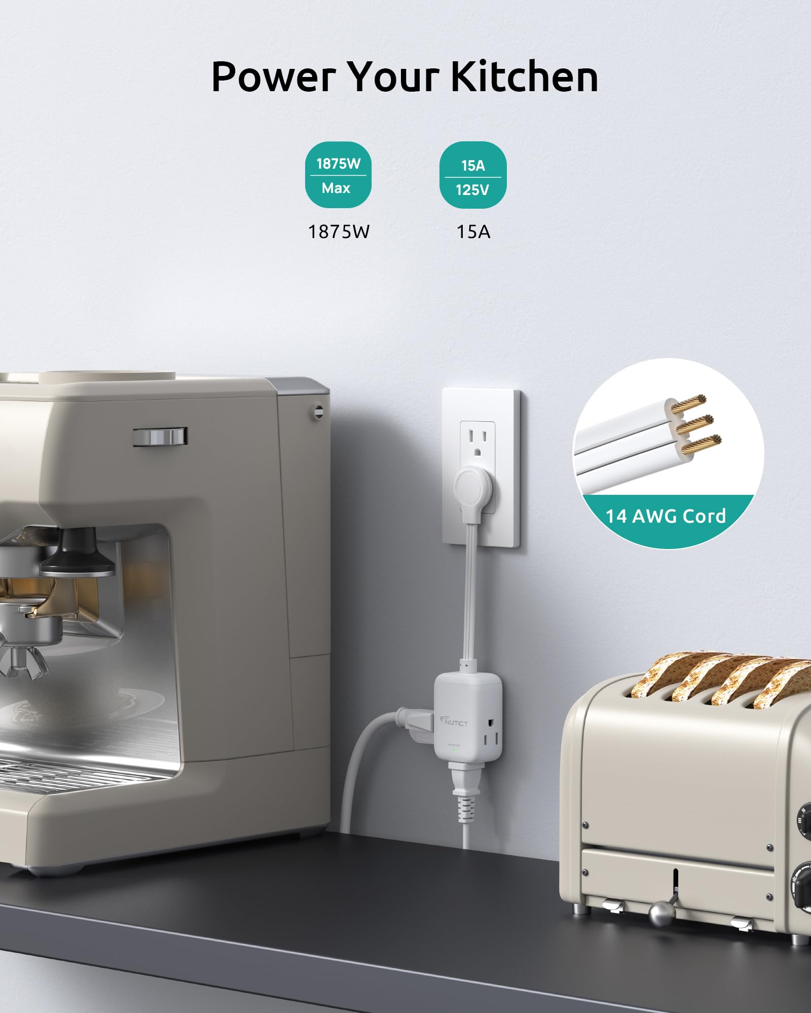 Nutict Short Extension Cord 6 Inch   15A 3 Prong Power Outlet Extender With 900J Surge Protector, 3 Way Flat Face Multi Plug Ext