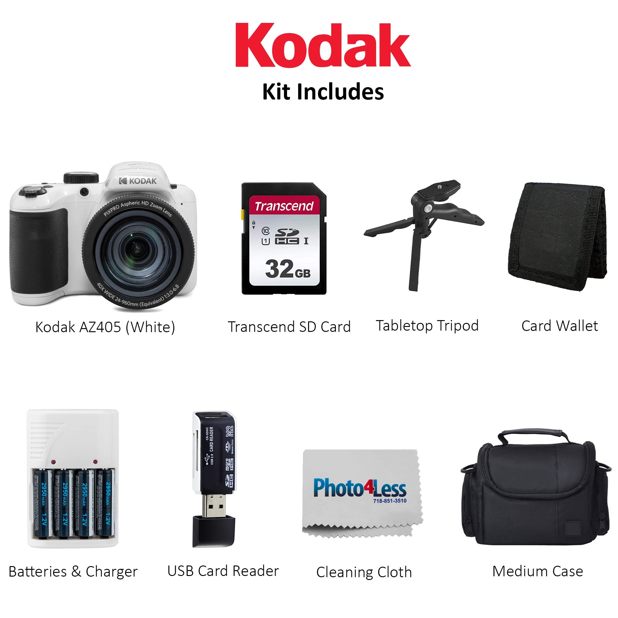 Kodak Pixpro Az405 Digital Camera (White) Bundle With Case, 32 Gb Sd Memory Card, Memory Card Wallet, Card Reader, Table Tripod,