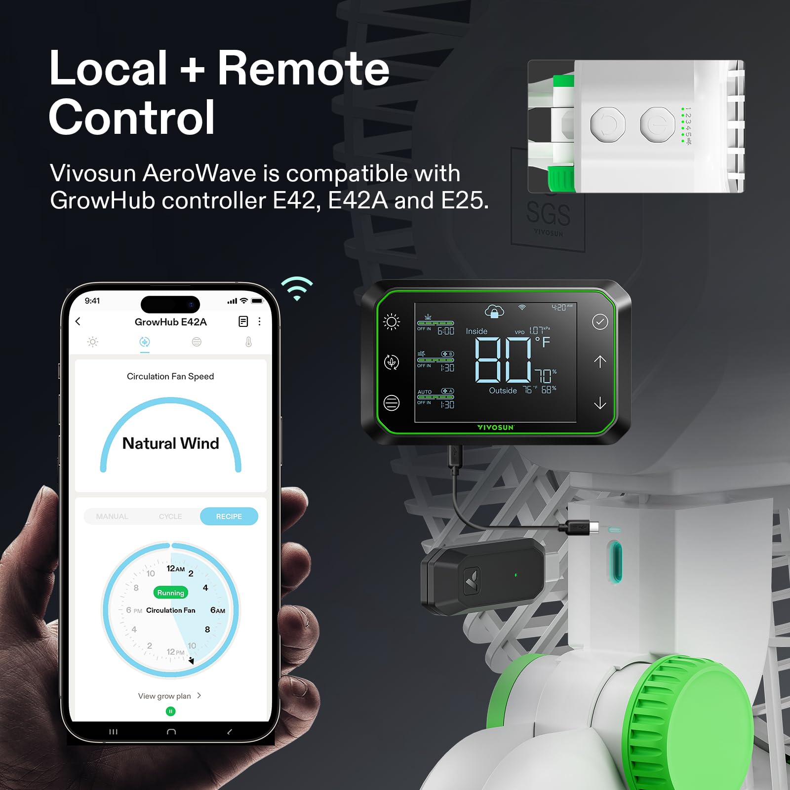 Vivosun Aerowave E9 Grow Tent Fan 9'', Ec Motor, Wifi Controllable, Us Patented Auto Oscillating Clip Fan, Ip54 Weatherproof, St